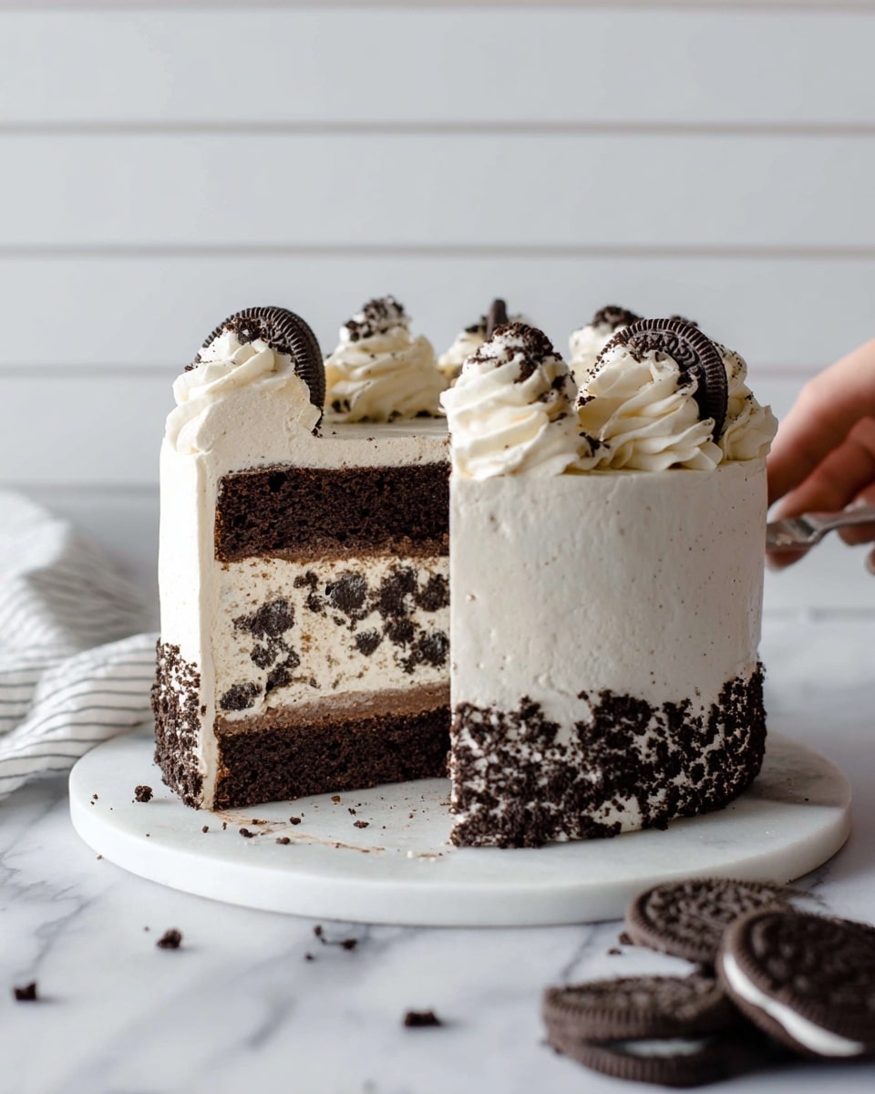 The cake has three main layers: the bottom and top layers are dark brown chocolate cake, and the middle layer is light creamy white with crushed dark cookie pieces inside. The outside is covered with smooth white frosting, sprinkled with dark cookie crumbs on the bottom edge. On top, there are seven swirls of white frosting, each with a bit of dark crumb on top. The cake is on a round white marble board, and there are broken and whole cookies placed nearby on a white marbled surface. A woman's hand is holding a slice of the cake, lifting it slightly. The background is a white wall with simple horizontal lines. photo taken with an iphone --ar 4:5 --v 7