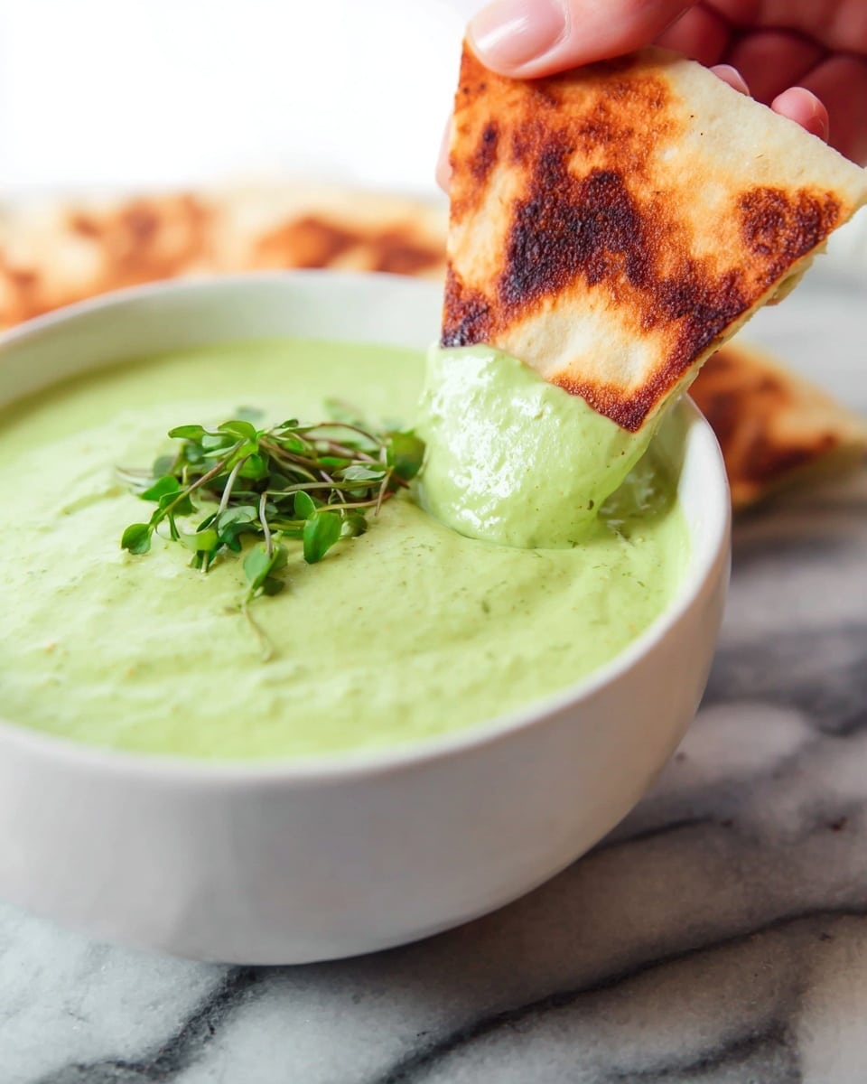 A white bowl filled with smooth, light green creamy dip, garnished with a small bunch of fresh green herbs on top. A toasted flatbread square with a golden-brown, slightly charred surface is being dipped into the creamy green sauce by a woman's hand holding it from the upper right side. The bowl sits on a white marbled surface. photo taken with an iphone --ar 4:5 --v 7