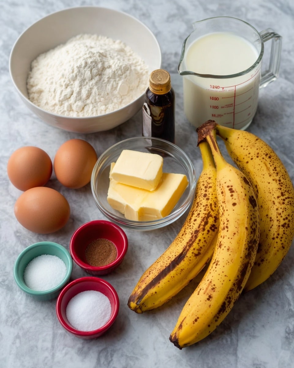 The image shows ingredients for baking placed on a white marbled surface. There are two ripe bananas with brown spots on the right side. To their left, two brown eggs rest next to a glass measuring cup filled with milk. In front of the eggs, there is a small glass bowl with three pieces of butter. A bottle of vanilla extract is placed near the center. On the left side, there is a white bowl filled with white flour, and in front of this bowl are three small bowls in red, brown, and green, containing sugar, salt, and baking soda respectively. The arrangement is neat, and the lighting highlights the natural colors of the ingredients. Photo taken with an iphone --ar 4:5 --v 7