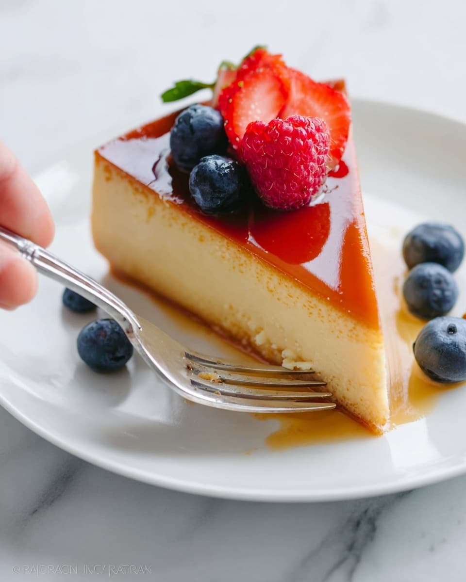 A single slice of smooth, light yellow flan with a shiny, golden caramel layer on top sits on a white plate. The flan slice is topped with a bright red raspberry, a slice of fresh strawberry, and two small dark blue blueberries. More blueberries are scattered around the flan slice on the plate. A woman's hand is holding a fork with a small piece of the flan near the plate. The background is a white marbled texture. photo taken with an iphone --ar 4:5 --v 7