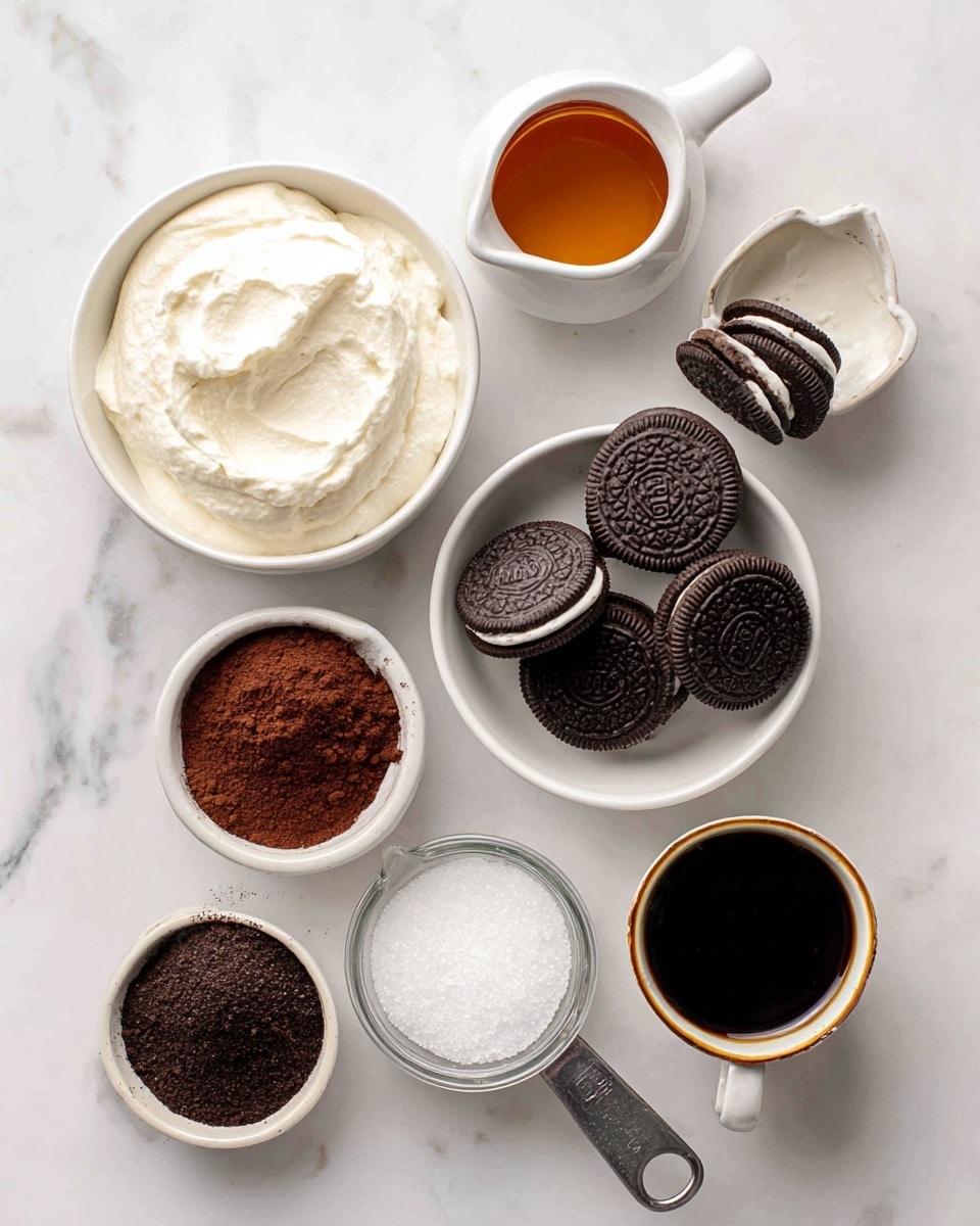 A top view of seven bowls and cups on a white marbled surface, each containing different ingredients: a large white bowl filled with white creamy mascarpone at the top left, a small white pitcher with amber-colored vanilla extract at the top right, a white bowl full of stacked dark brown Oreos with white cream filling in the center, a small white pitcher with dark brown cocoa powder at the bottom left, a clear measuring cup filled with white heavy cream below the cocoa powder, a metal measuring cup filled with white granulated sugar near the bottom right, and a small golden-rimmed cup filled with black espresso to the right of the Oreos. Photo taken with an iphone --ar 4:5 --v 7