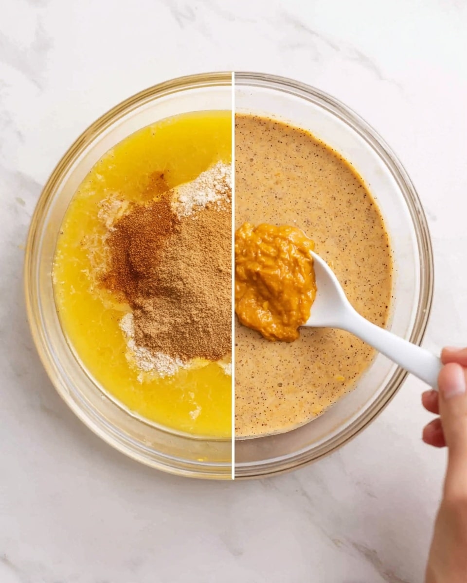 A clear glass bowl sits on a white marbled surface, filled with mixed wet and dry ingredients. On one side, a bright yellow liquid layer blends with a light tan powdery layer that has a darker brown spice mound on top, and a dollop of smooth orange puree. The ingredients appear thick and unevenly placed. In the next image, the same bowl shows all the ingredients fully mixed into a uniform light brown, creamy liquid texture with small specks throughout, while a white spoon rests inside. A woman's hand is near the bowl, partly visible from below. Photo taken with an iphone --ar 4:5 --v 7