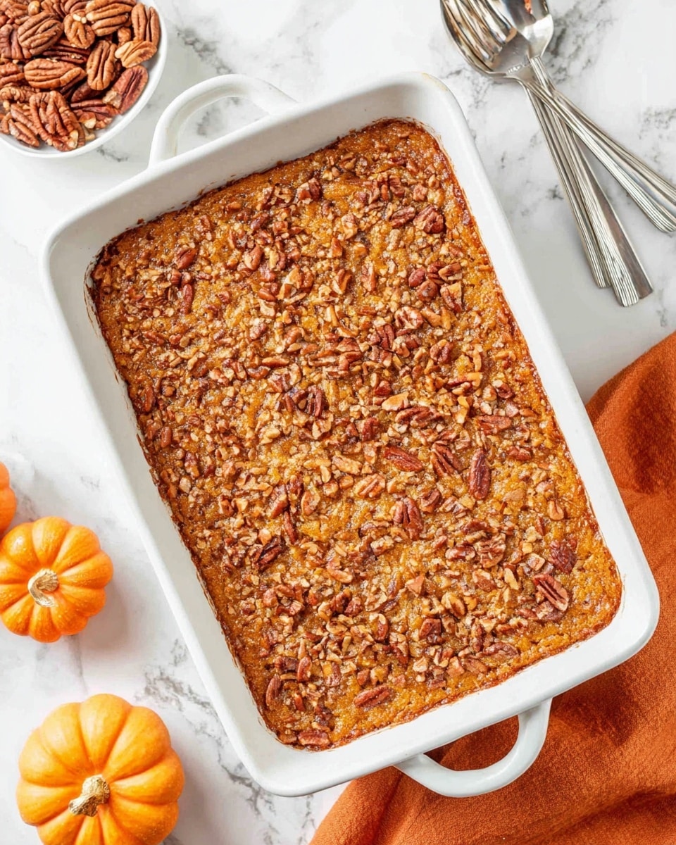 A thick, baked dish with a golden-brown top layer covered with small to medium-sized pecan pieces scattered evenly across the surface. The dish is in a white rectangular ceramic baking dish with handles on the sides, placed on a white marbled surface. Surrounding the dish are small whole pecans in a white bowl, two small pumpkin-shaped objects, silver forks in the top left corner, and an orange cloth napkin on the right side under the dish, adding autumn colors to the setting. The texture looks crispy on top with a soft bake underneath photo taken with an iphone --ar 4:5 --v 7