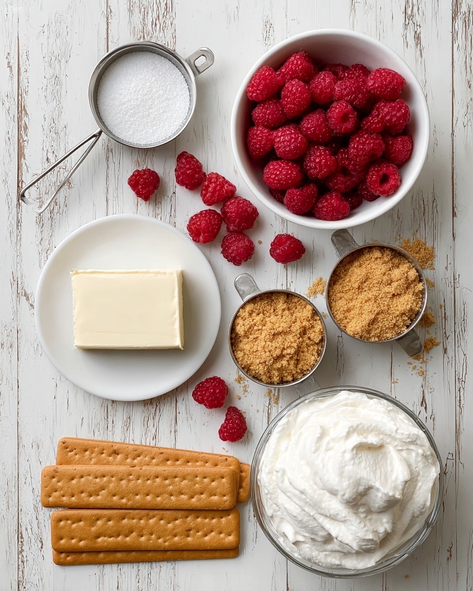 A top view of six separate items placed on a white marbled wood surface, arranged in a loose grid. At the top right, a white bowl filled with bright red raspberries, with a few raspberries scattered beside it. Below the bowl, two metal measuring cups filled with light brown crumbly crumbs, with a little scattered around. To the left of the crumbs is a white plate holding a solid block of smooth cream cheese. Above the cream cheese, a small metal measuring cup filled with white granulated sugar. At the bottom, two long rectangular light brown graham crackers placed parallel, and next to them, a clear glass bowl filled with thick white whipped cream. photo taken with an iphone --ar 4:5 --v 7