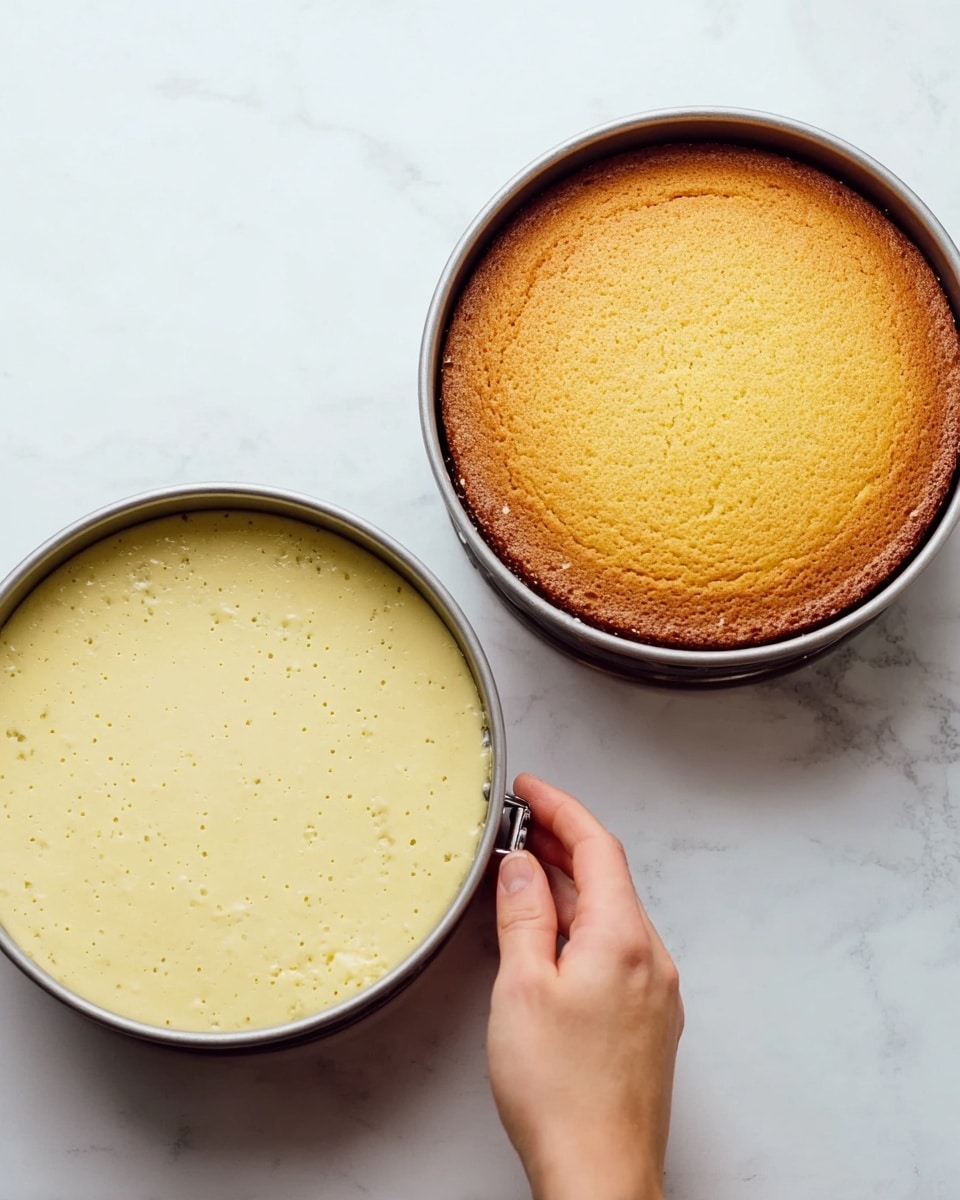 The image shows two round cake pans with springform sides on a white marbled surface. The left cake pan holds a pale yellow batter with tiny specks, smooth on top and level, filling the pan evenly. The right cake pan contains a baked cake with a golden brown top, slightly cracked in the center with a rough texture, and the sides are a deeper brown. A woman's hand is lifting the latch of the right pan. Photo taken with an iphone --ar 4:5 --v 7