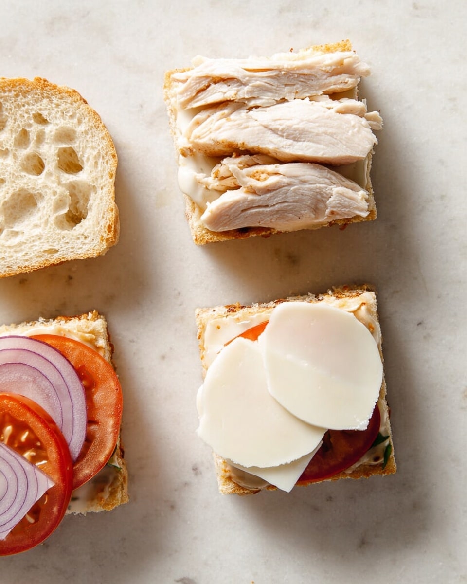 The image shows two open small square sandwiches on a white marbled surface. The top sandwich's bottom layer is a square piece of bread with a light golden crust and airy texture, spread with a light sauce. On top, there are three thin slices of cooked chicken with a pale white and light brown color, arranged neatly side by side. The sandwich's top half of the bread is placed nearby, showing its soft, holey texture. The bottom sandwich has a similar piece of bread with the same sauce spread, topped with slices of red tomato and thin rings of purple onion, partially hidden under two large, round, creamy white cheese slices, slightly overlapping. The top half of this sandwich’s bread is placed to the left, showing the same airy texture. photo taken with an iphone --ar 4:5 --v 7