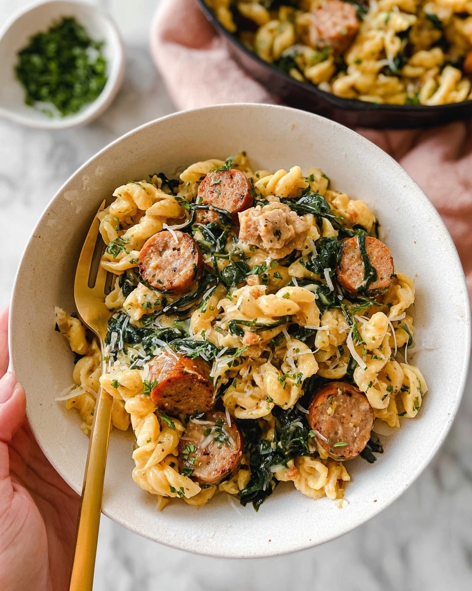 A white bowl holds a layered dish featuring small pasta pieces in a soft yellow color mixed with round slices of light brown sausage. Scattered throughout are wilted, dark green spinach leaves adding color contrast and texture. A woman's hand holds the bowl from the bottom left corner, and a gold spoon rests on the right side, partly under the pasta. The surface underneath is a white marbled texture, and in the background, out of focus, there is a white bowl filled with green herbs and a black pan with more of the same pasta and sausage mix. photo taken with an iphone --ar 4:5 --v 7