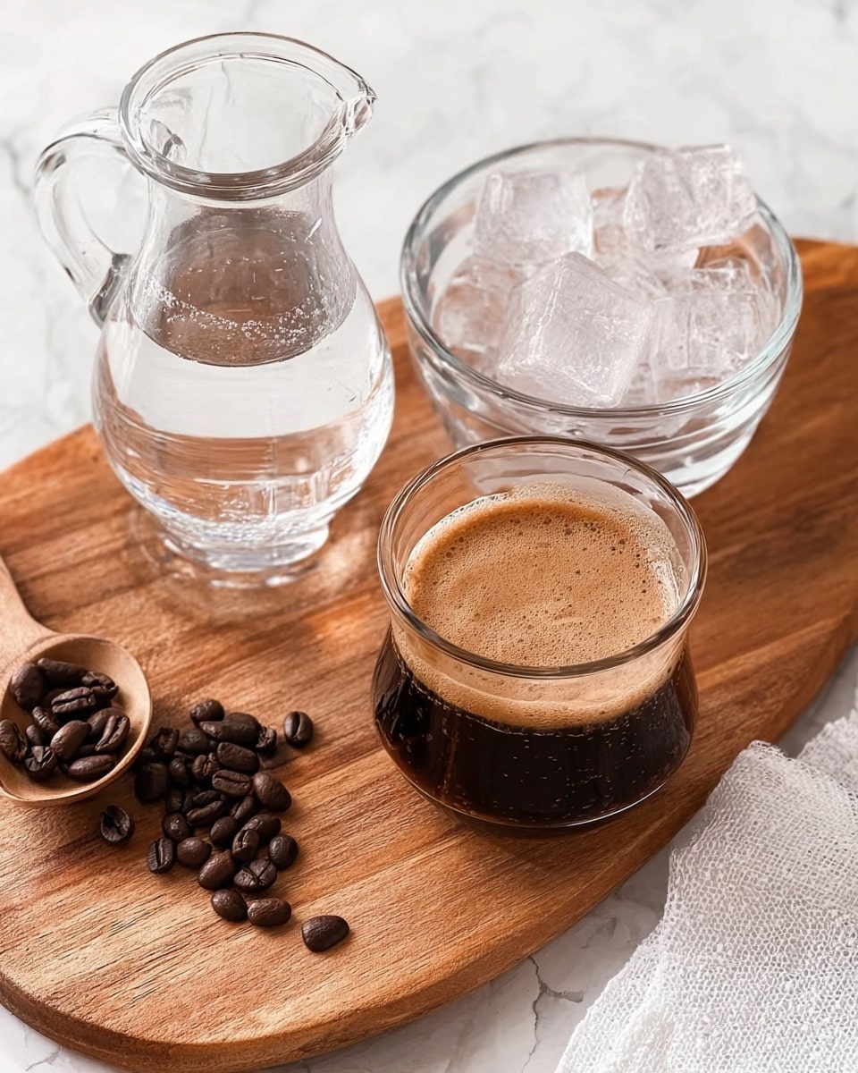 The image shows a small clear glass pot filled with dark brown coffee topped with a light brown frothy layer, placed on a wooden board. Next to it is a clear glass jug with water and a clear bowl filled with ice cubes. Dark brown coffee beans are scattered on the wooden board near the pot. A white textured cloth is partially visible on the bottom right corner. The background surface is a white marbled texture. photo taken with an iphone --ar 4:5 --v 7