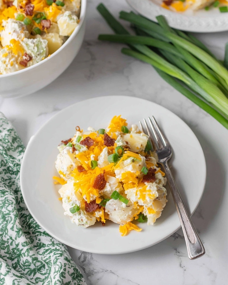 A white plate holds a serving of creamy potato salad made of chunky white potato pieces mixed with small bits of crispy brown bacon and bright orange shredded cheddar cheese scattered on top, along with chopped green onions adding a fresh splash of color. A fork rests on the right side of the plate. In the background, a white bowl filled with more potato salad sits partly in frame, and a bunch of green onions lies on the white marbled surface nearby. A green and white patterned cloth is partially visible at the bottom left corner. The scene is softly lit and appears clean and fresh. photo taken with an iphone --ar 4:5 --v 7