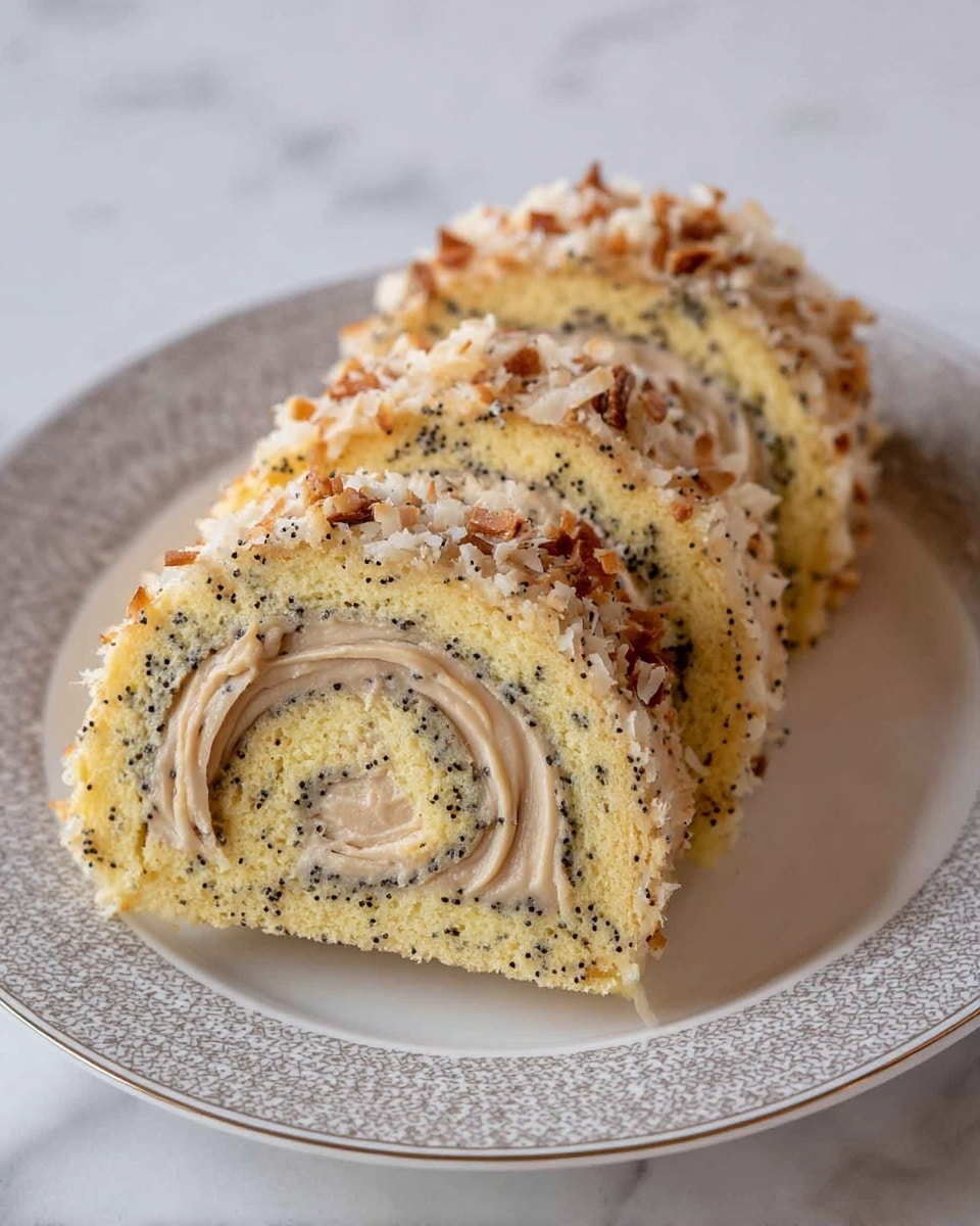 Three thick slices of a rolled cake are placed on a white plate with a delicate gray patterned rim. The cake has a light yellow sponge with dark poppy seeds scattered evenly throughout. Inside each slice, a smooth light brown cream is swirled in layers, matching the outer coating of the roll. The top edges of the cake are decorated with toasted coconut flakes and small pieces of nuts that add uneven texture and a slightly darker brown color. The plate rests on a white marbled surface. photo taken with an iphone --ar 4:5 --v 7