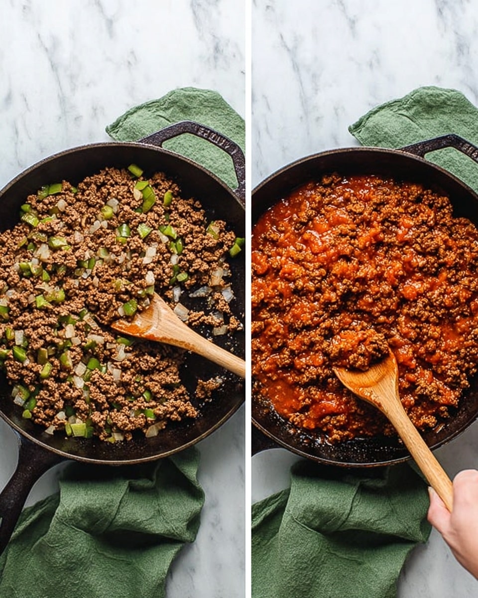 Two images side by side both show a black cast iron pan with a wooden spoon inside, placed on a white marbled surface. The left pan contains cooked ground meat mixed with small pieces of green bell pepper and chopped onions, giving it a mixture of brown, green, and white colors. A woman's hand holds the spoon stirring the mixture. The right pan shows the same mixture after adding a red tomato sauce, turning the contents into a rich, reddish-brown, saucy ground meat dish. A wooden spoon rests inside, slightly lifting some of the saucy meat, while a green cloth is placed underneath each pan. photo taken with an iphone --ar 4:5 --v 7
