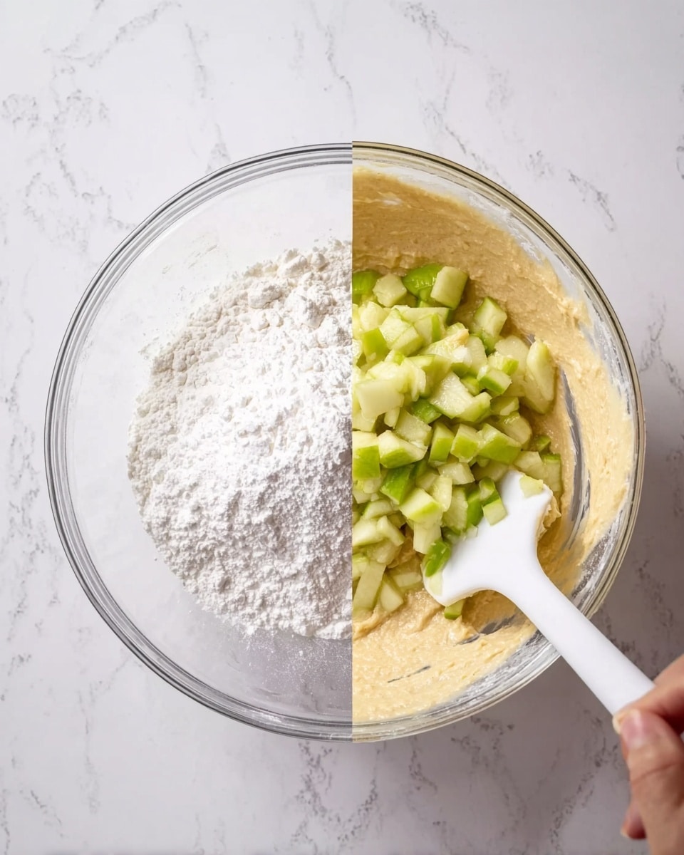 The image shows two clear glass bowls on a white marbled surface. The bowl on the left has a pale yellow batter at the bottom with a pile of white powdered sugar placed on top, creating a two-layer look with smooth and powdery textures. The bowl on the right contains a beige batter base with small chunks of green apple spread evenly on top, showing a mix of creamy and fresh, crisp layers. A woman's hand holding a white spatula is gently mixing the apple pieces into the batter. Photo taken with an iphone --ar 4:5 --v 7