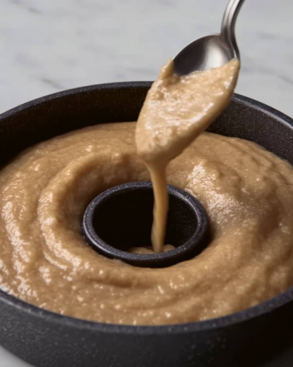 The image shows a close-up of a thick, creamy batter being poured by a silver spoon into a round mold on a dark non-stick cooking surface. The batter is light brown and smooth, filling the circular mold with its soft texture. The background is a white marbled surface. Photo taken with an iphone --ar 4:5 --v 7