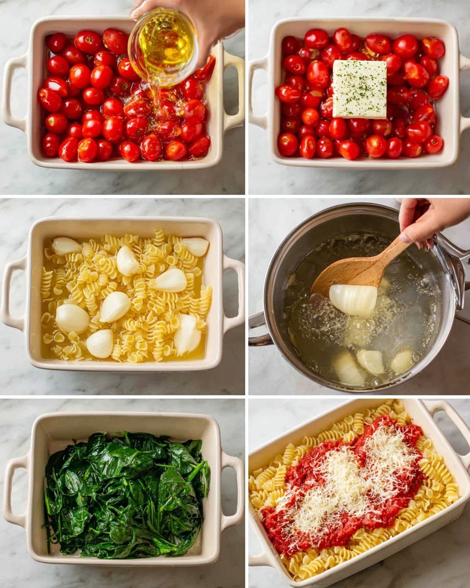 The six-part image shows the process of making a baked tomato and cheese pasta dish on a white marbled surface. In the first frame, a white rectangular baking dish is filled with bright red cherry tomatoes and several pieces of peeled garlic, with olive oil being poured over them. In the second frame, a woman's hand places a square block of white cheese seasoned with herbs in the middle of the tomatoes. The third frame reveals uncooked pasta being added to boiling water in a silver pot with frothy bubbles. The fourth frame captures a wooden spoon stirring fresh green spinach in the same pot. The fifth frame shows cooked pasta and spinach being drained together in a colander, the pasta is a pale yellow with a soft texture. The final image displays the baked dish with the tomatoes slightly shriveled, the cheese now soft and melted but holding shape, centered on top in the white baking dish. Photo taken with an iphone --ar 4:5 --v 7