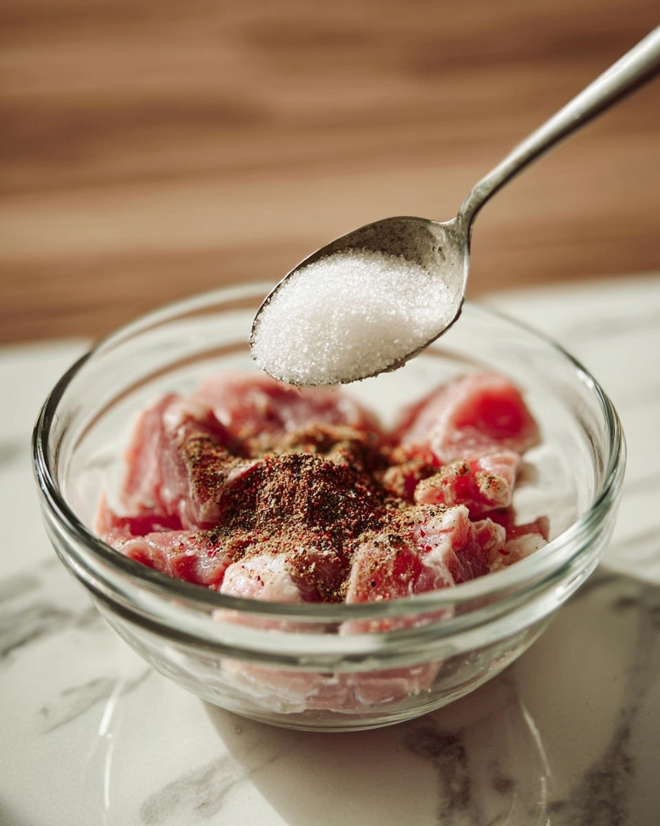 A clear glass bowl sits on a white marbled surface, filled with raw, pink pieces of meat layered underneath a sprinkling of dark ground spices creating a textured, uneven layer. Above the bowl, a spoon is held with a white granulated substance, likely salt, forming a neat mound. The focus is on the spoonful of white granules hovering over the meat and spices below, showing the contrast between the soft pink meat, the dark spices, and the bright white grains. The overall image has natural lighting with a warm, simple home kitchen feel. Photo taken with an iphone --ar 4:5 --v 7