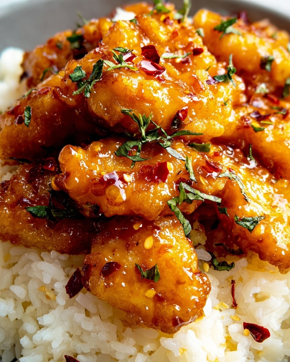 A close-up view of a white plate filled with a base layer of fluffy white rice, topped with three to four pieces of golden-brown crispy chicken coated in a shiny, sticky orange glaze. The chicken is garnished with small green herb leaves and scattered red chili flakes, adding specks of color and texture contrast on the surface. The overall look shows a glossy, appetizing, layered dish with rice grains visible around the edges. photo taken with an iphone --ar 4:5 --v 7