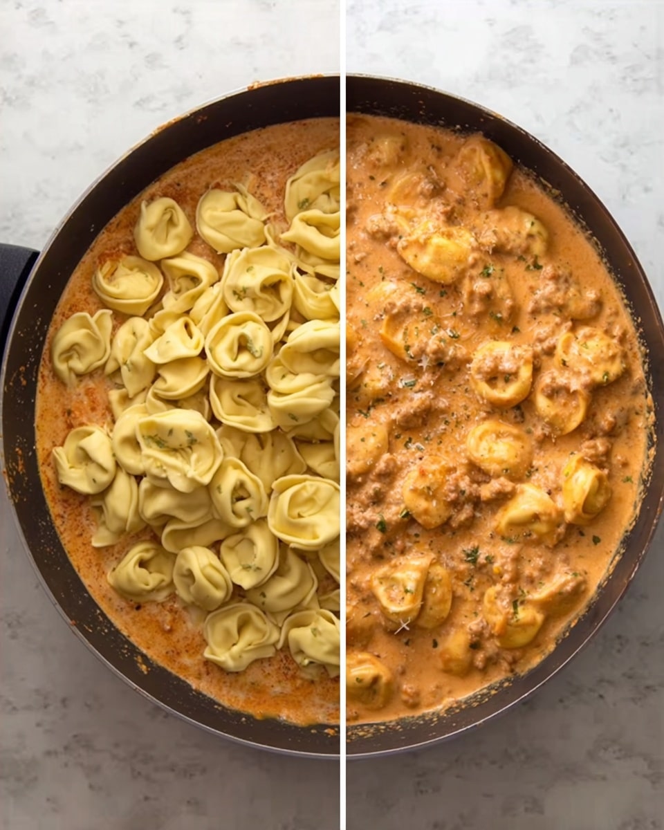 The image shows two side-by-side views of a black pan on a white marbled surface. The left side has a rich creamy orange sauce with herbs, filled halfway up the pan, topped with a large pile of cooked tortellini pasta that is pale yellow and looks soft with a smooth texture. On the right side, the tortellini are mixed into the sauce, showing a thick mix of orange sauce with many tortellini evenly spread out, covered slightly with bits of ground meat and herbs, creating a chunky texture. The sauce has a creamy, smooth look with a few small lumps from the meat. Photo taken with an iphone --ar 4:5 --v 7