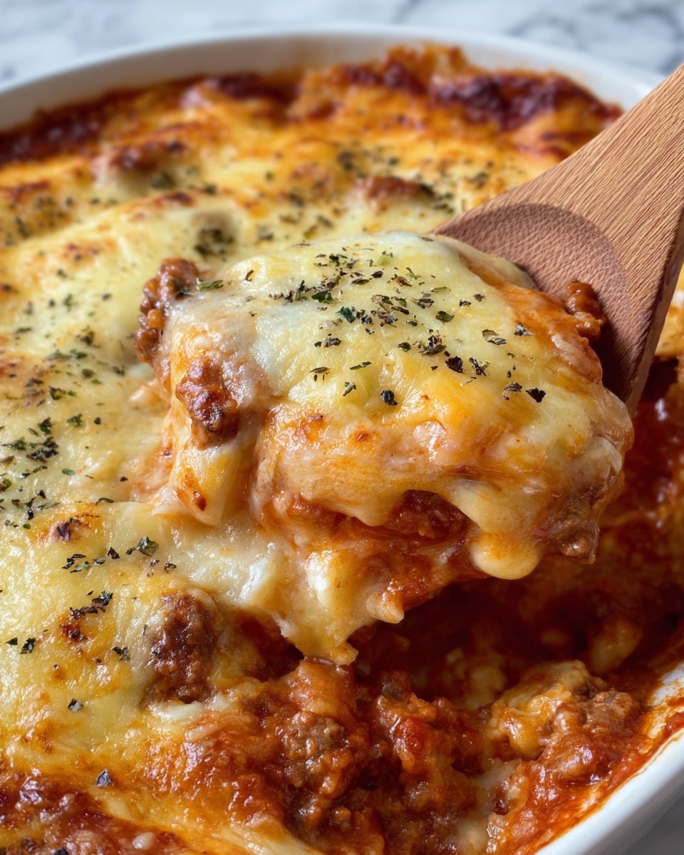 The image shows a close-up of a cheesy baked dish with visible layers; the bottom layer is a thick, meaty mixture with chunks of browned meat and red tomato sauce, the top layer is melted golden cheese sprinkled with black herbs, slightly bubbly and browned around the edges. The cheese layer sits thick and creamy on top with some oily shine, and a wooden spoon is scooping out a portion from a white dish against a white marbled surface. photo taken with an iphone --ar 4:5 --v 7