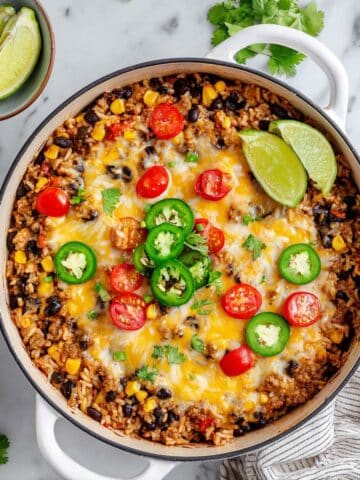 Taco Rice Skillet with Black Beans, Corn, and Melted Cheese Recipe