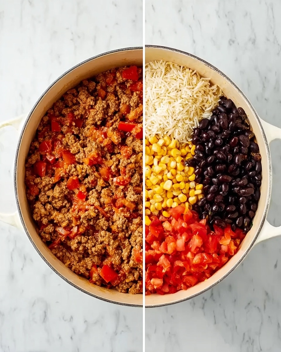The first image shows a white pot filled with cooked ground meat mixed with small pieces of red bell pepper and onions, all evenly spread across the pot’s surface with a brown and orange color mix. The second image shows the same white pot now holding four distinct layers: the cooked ground meat base from the first image, on top of which there are four raw ingredient sections placed side by side—black beans with a shiny, deep black color, white rice with a grainy texture, yellow corn kernels, and bright red diced tomatoes with a slightly wet appearance, all neatly arranged in separate quarters inside the pot. The pot sits on a white marbled surface. Photo taken with an iphone --ar 4:5 --v 7