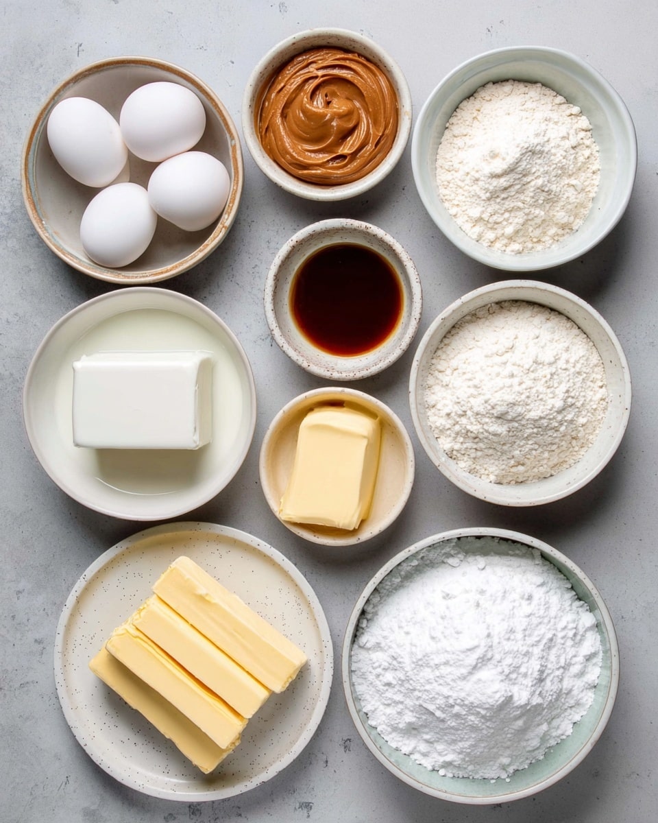 The image shows eleven white bowls arranged on a white marbled surface, each holding a different baking ingredient. Starting from the top left, there are three white eggs in a bowl, followed by a smooth brown peanut butter in a small bowl beside it. Next to that, there is a bowl with white salt, a bowl with white flour, and a small bowl with dark brown vanilla extract. Below these, from left to right, there is a bowl with white milk, a bowl with a white block of cream cheese, a small bowl with yellow melted butter, and a plate holding three sticks of pale yellow butter. At the bottom, three larger white bowls contain white all-purpose flour, white powdered sugar, and white granulated sugar respectively. The bowls have a simple design with some speckled texture visible on some of them. The overall look is neat and clean, with each ingredient clearly defined. Photo taken with an iphone --ar 4:5 --v 7