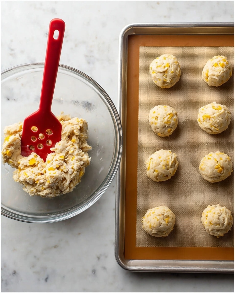 The image shows two parts: on the left, a clear glass bowl sitting on a white marbled surface holds a rough ball of dough mixed with small yellow chunks, and a red spatula with holes is stuck into the dough; on the right, a metal baking sheet with a light tan silicone baking mat has eleven small dough balls evenly spaced in rows, each ball light beige with visible bits of yellow inside, ready to be baked. photo taken with an iphone --ar 4:5 --v 7