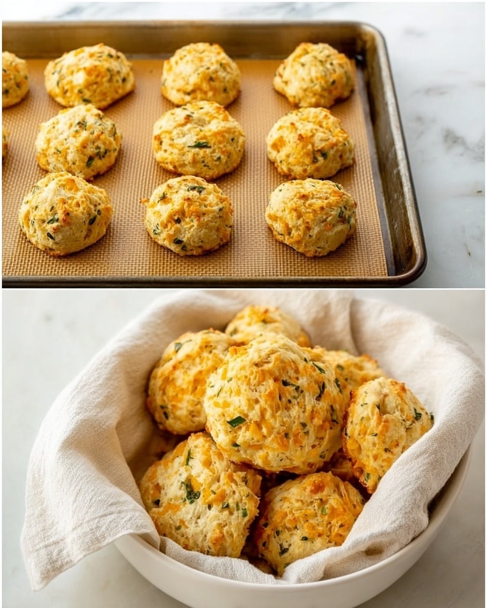 The image shows two views of golden-brown cheddar biscuits with herbs. On the left, nine round biscuits with a rough texture and visible green flakes are arranged on a metal baking tray lined with a tan silicone mat, placed on a white marbled surface. On the right, a white bowl lined with a white cloth holds a pile of these golden biscuits, showing a crumbly texture with melted cheddar spots and herbs throughout. The scene feels warm and fresh, highlighting the rustic, homemade look of the biscuits. Photo taken with an iphone --ar 4:5 --v 7