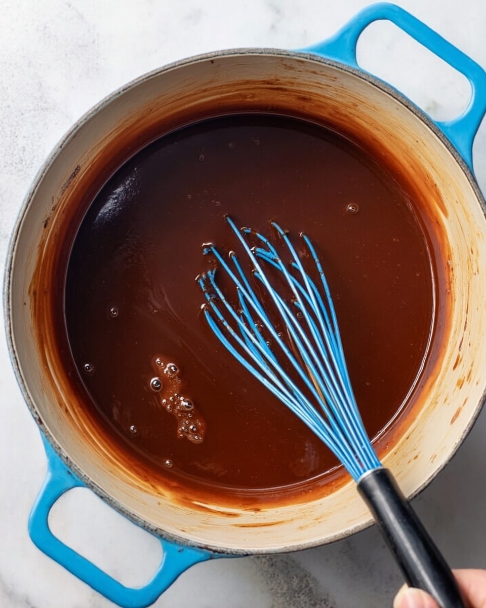 A blue enamel pot contains a smooth, shiny chocolate sauce that fills most of the pot, with some chocolate marks near the sides inside the pot. A bright blue whisk with black handle grips is partially dipped in the thick, glossy chocolate mixture, held by a woman's hand. The pot sits on a white marbled surface, and the thick sauce has a deep dark brown color with a few small bubbles visible on the surface. photo taken with an iphone --ar 4:5 --v 7