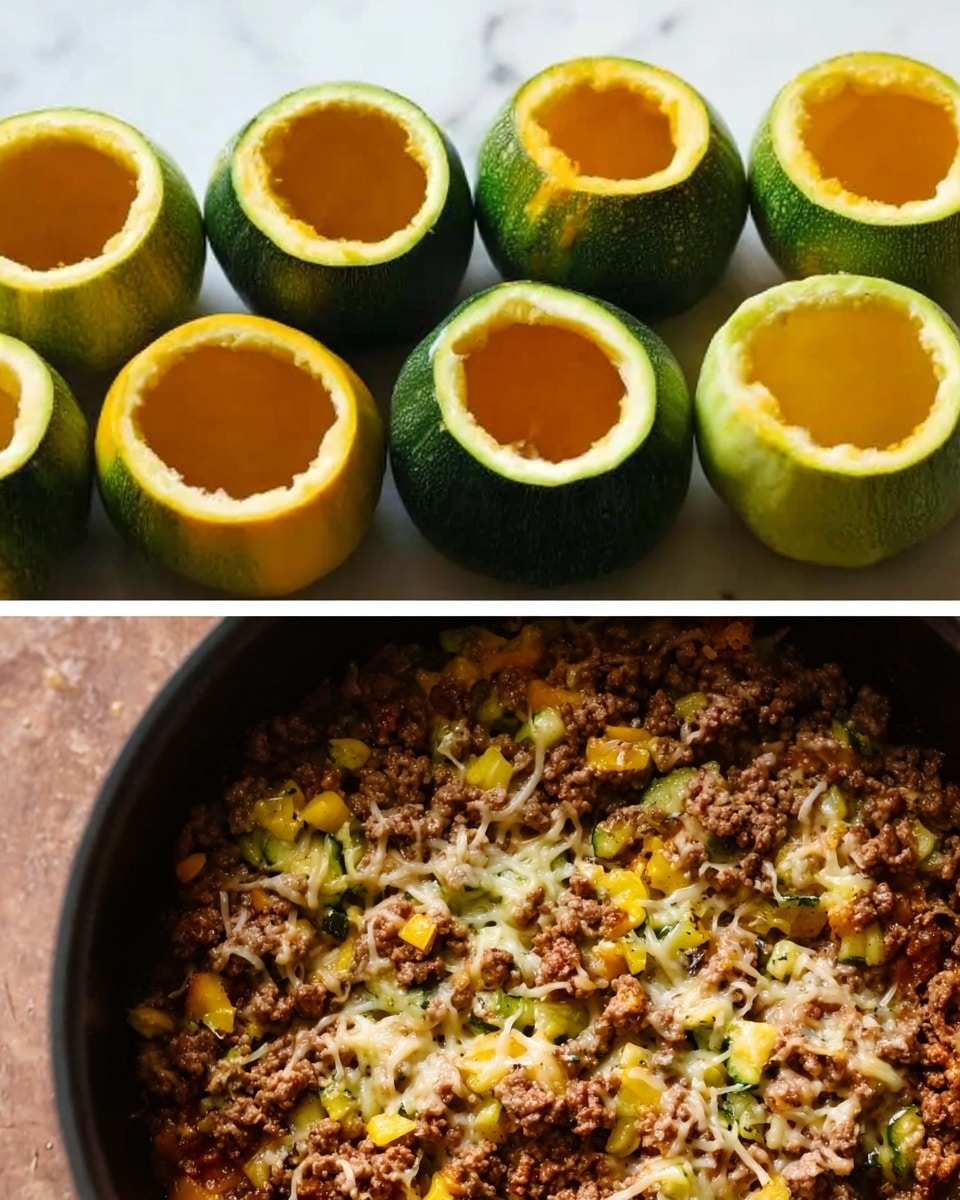 The first image shows several hollowed-out green zucchinis and yellow squash, standing upright on a white marbled surface, with their tops cut off and insides scooped out to create empty shells. The second image shows a close-up of a pan filled with a cooked mixture of browned ground meat and small pieces of yellow and green vegetables, all mixed together with melted cheese spread evenly on top. The colors in the pan range from light browns to golden yellows, with a slightly rough texture from the cooked ingredients. photo taken with an iphone --ar 4:5 --v 7