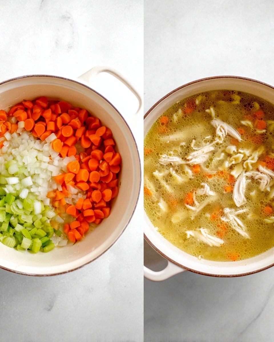The image shows two white pots on a white marbled surface. In the first pot, there are three layers of ingredients: a bottom layer of roughly chopped white onions and green celery, a middle layer of bright orange carrot slices, and a top layer of small minced pieces of garlic, all sitting raw and fresh. In the second pot, the same ingredients are visible but now cooked in a light yellow broth with small bubbles on the surface, with pieces of shredded white chicken and a few pieces of spiral pasta mixed evenly throughout the soup. The broth looks clear, and the cooked ingredients float gently within it. Photo taken with an iphone --ar 4:5 --v 7
