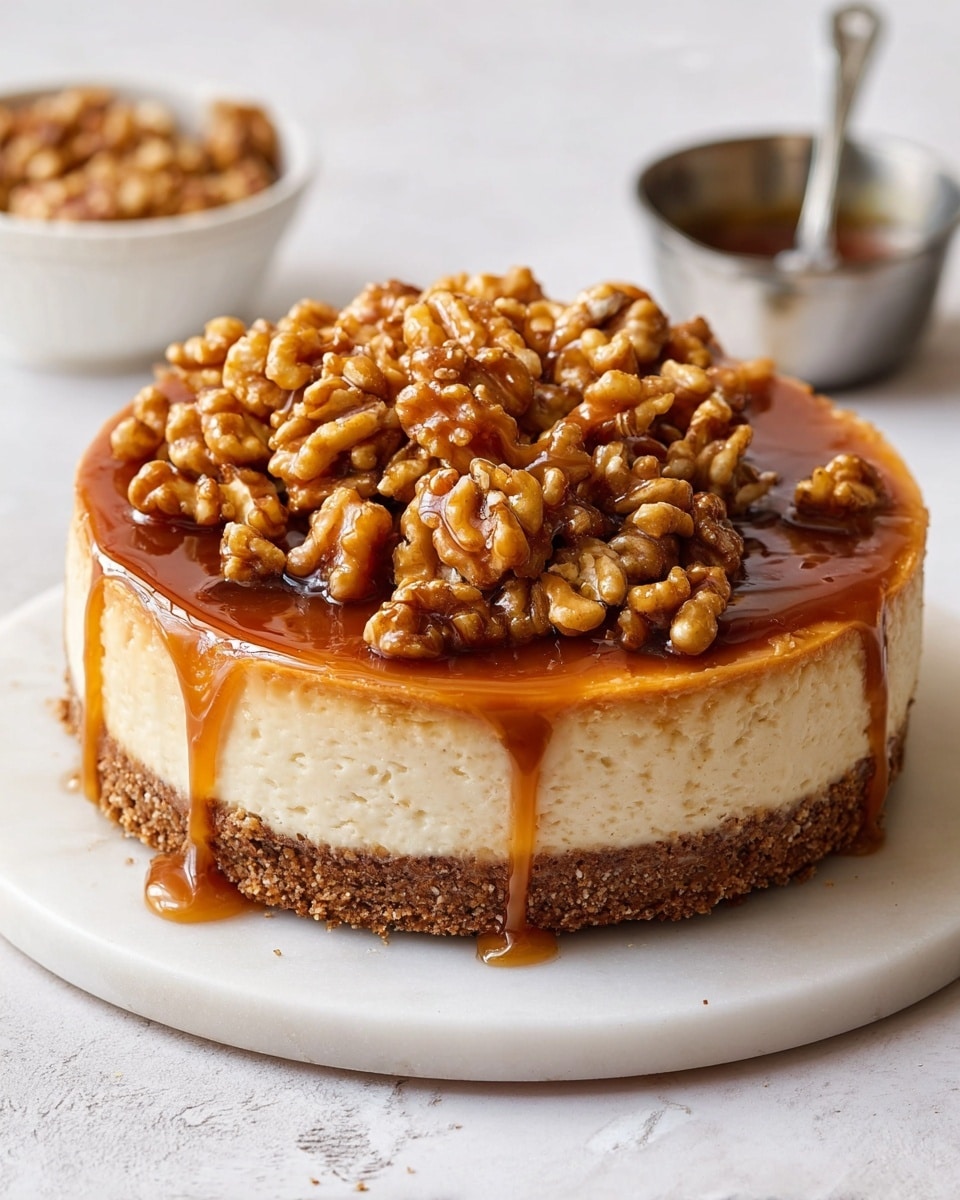 A round cheesecake with three visible layers sits on a white marble surface. The bottom layer is a thick, crumbly brown crust. Above it, there is a smooth, pale cream middle layer. The top layer is a shiny caramel sauce that drips down the sides. On top of the caramel, a large pile of glossy, golden-brown walnuts covers the entire surface, adding texture and richness. In the background, there is a small silver saucepan with a spoon inside and a white bowl filled with more walnuts. photo taken with an iphone --ar 4:5 --v 7