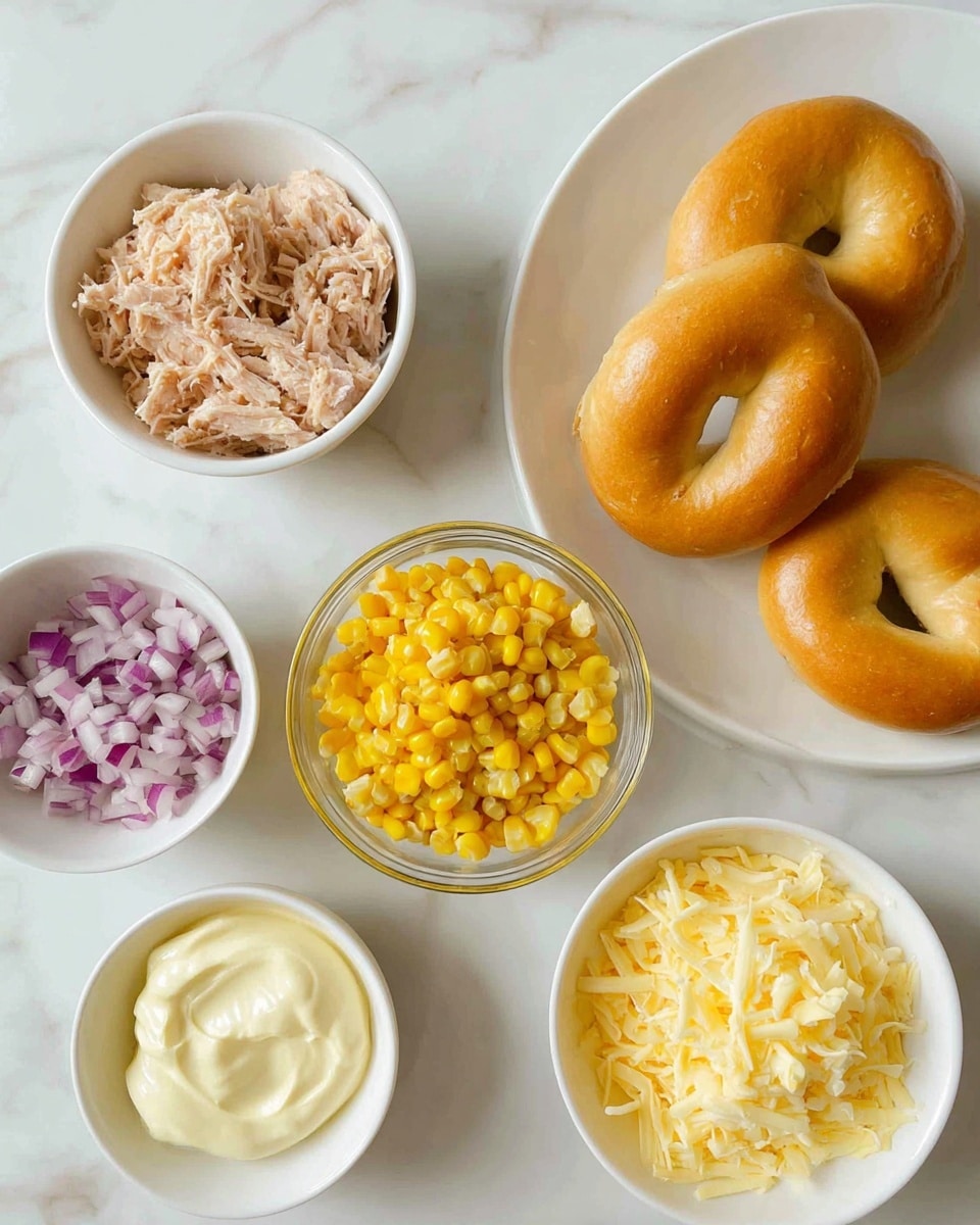 The image shows six small white bowls and plates arranged on a white marbled surface, each containing different food ingredients. Starting from the top right, there is a white plate holding three golden brown bagels with a smooth, shiny texture. To the left of the bagels is a white bowl filled with light brown shredded tuna. Below the bowl with tuna, there is a small white bowl containing finely chopped red onions, displaying a mix of purple and white colors. Next to the onions is another white bowl filled with creamy, pale yellow mayonnaise. At the center of the arrangement, a clear glass bowl holds bright yellow corn kernels. Finally, to the right of the corn is a white bowl with shredded pale yellow cheese. The composition is neat and colorful, and the photo has a bright, natural light quality, photo taken with an iphone --ar 4:5 --v 7