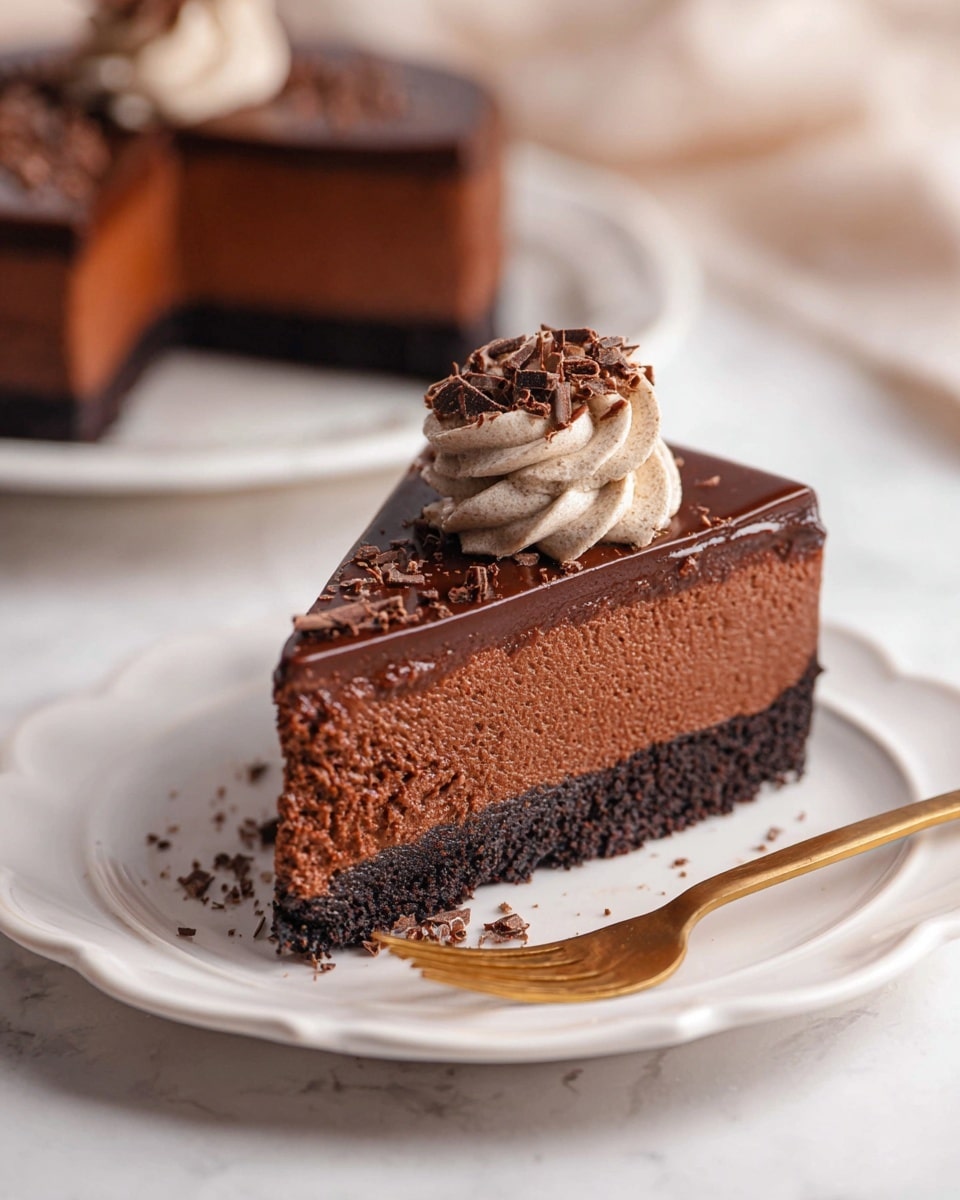 A single slice of rich chocolate cake sits centered on a white plate with a scalloped edge, placed on a white marbled surface. The cake has three layers: a dark, crumbly chocolate crust at the bottom, a thick middle layer of smooth, dense chocolate mousse, and a shiny, slightly dripping chocolate glaze on top. On the top center of the slice, there is a swirl of light chocolate whipped cream, sprinkled with small pieces of grated chocolate. In front of the cake slice, a gold fork holds a bite-sized piece showing all three layers clearly. The background shows a softly blurred second slice of the same cake on a white plate. Photo taken with an iphone --ar 4:5 --v 7