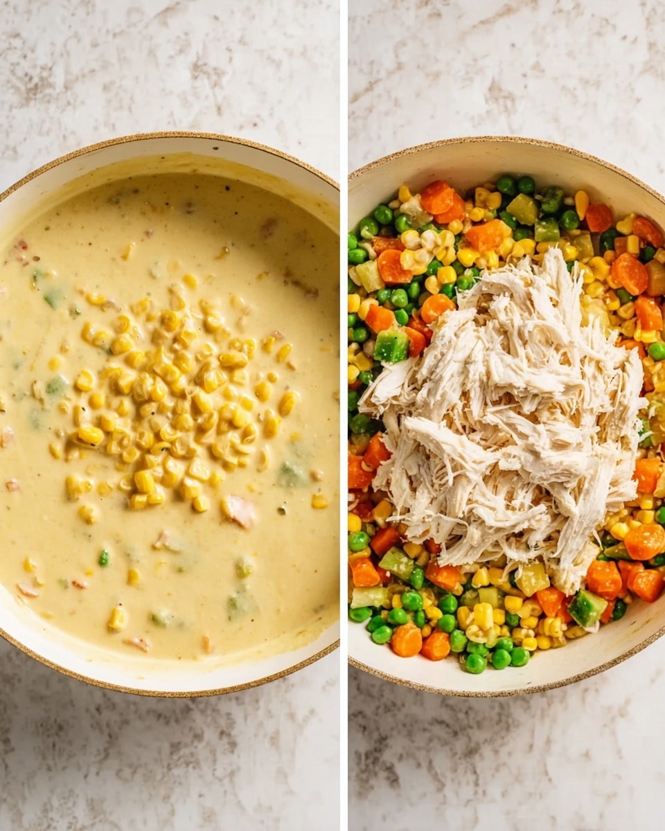The image shows two white frying pans on a white marbled surface. The left pan holds a creamy yellow sauce with visible small corn pieces mixed in, having a smooth and slightly thick texture. The right pan contains three visible layers: at the bottom is the same creamy sauce, on the left side there is a mound of shredded pale chicken, and on the right side a colorful pile of mixed vegetables including yellow corn, orange carrot slices, and green peas and beans, all resting together but not fully mixed. Photo taken with an iphone --ar 4:5 --v 7