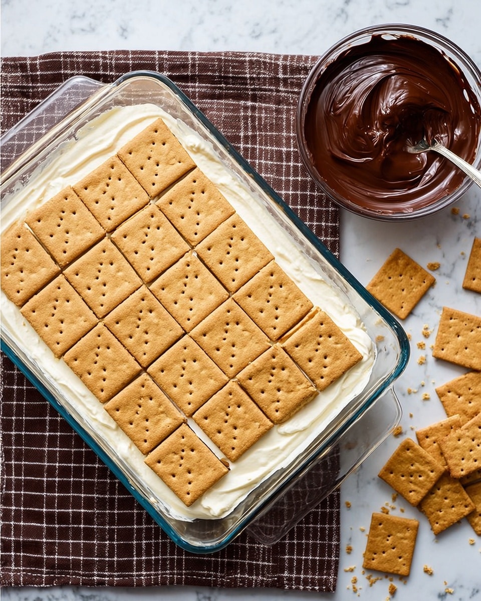 A rectangular glass dish holds a layered dessert with two visible layers: the bottom layer is smooth, white cream filling the dish, and the top layer consists of neatly arranged beige graham crackers covering the cream almost fully. The dish sits on a dark brown and white checkered cloth on a white marbled surface. To the right, there is a small clear bowl filled with glossy dark chocolate spread with a spoon, and scattered pieces of broken graham crackers lie next to the bowl. Photo taken with an iphone --ar 4:5 --v 7