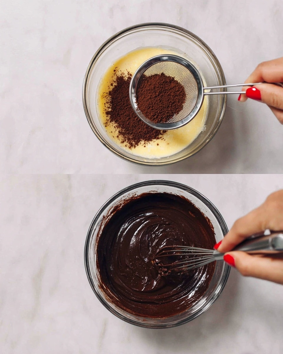 The image shows two clear glass bowls placed on a white marbled surface. The first bowl contains a pale yellow mixture with dark brown cocoa powder being sifted into it through a fine metal sieve held by a woman's hand with red nail polish; the sieve rests on the bowl, and a metal spoon is inside the sieve. The second bowl shows a thick, smooth dark chocolate batter being mixed by a woman's hand with red nail polish using a whisk; the batter swirls in a circular motion within the bowl. Photo taken with an iphone --ar 4:5 --v 7