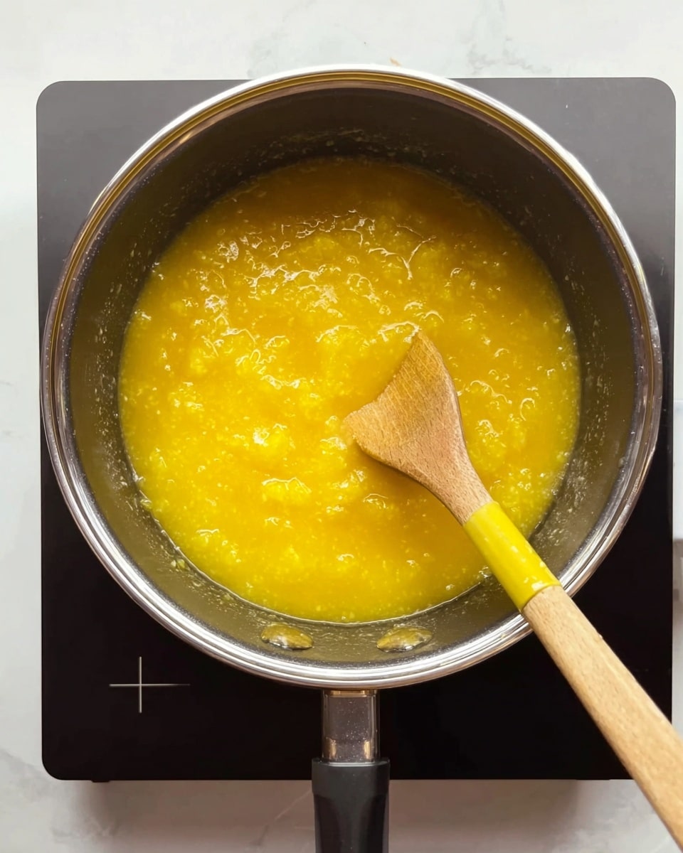 A close-up top view of a black pot sitting on a stovetop with a shiny silver rim. Inside the pot, a bright, chunky yellow mixture with a slightly thick texture is cooking. A wooden spoon with a yellow tip is resting in the mixture, stirring it gently. The stovetop beneath is dark with a simple cross pattern in the center. The background surface is a white marbled texture. photo taken with an iphone --ar 4:5 --v 7
