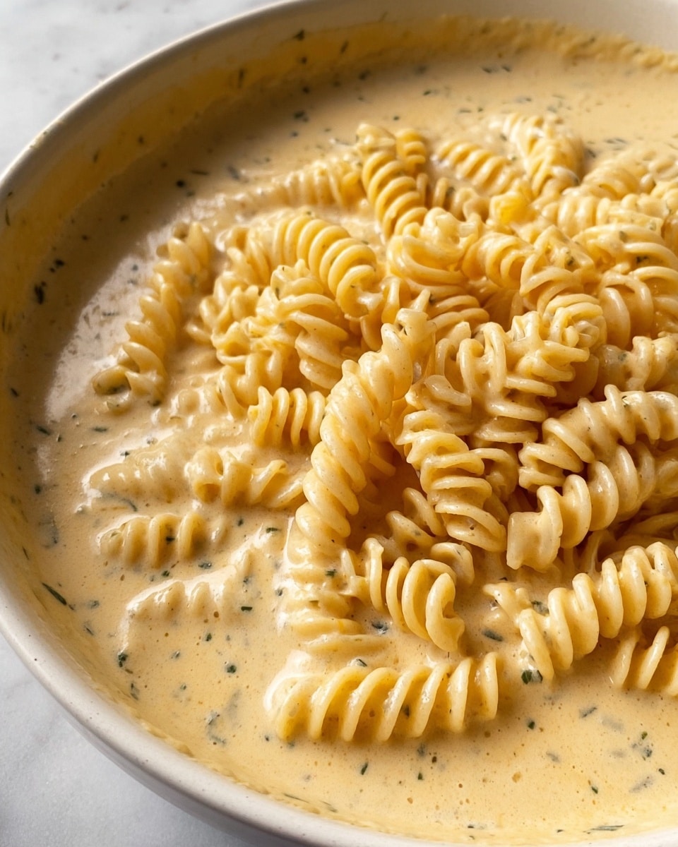 The image shows a close-up of a large white bowl filled with a creamy light tan sauce as the base layer, which is thick and smooth with some small green herb specks. On top of the sauce, there is a single layer of short, spiral-shaped pasta that is pale yellow and looks soft but firm. The pasta pieces are arranged loosely, completely covering most of the sauce but with some sauce visible in the gaps. The background surface is a white marbled texture. Photo taken with an iphone --ar 4:5 --v 7