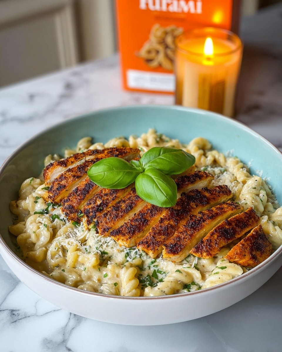 A white bowl with a light blue rim holds a layer of creamy off-white pasta spirals mixed with chopped green herbs and topped with finely grated cheese. On top of the pasta lies a layer of sliced, grilled chicken with a dark orange-brown, spiced crust arranged in a neat row. Two fresh, bright green basil leaves rest on the chicken, adding a fresh pop of color. The bowl sits on a white marbled surface, with a lit orange candle and a box of fusilli pasta blurred in the background. photo taken with an iphone --ar 4:5 --v 7