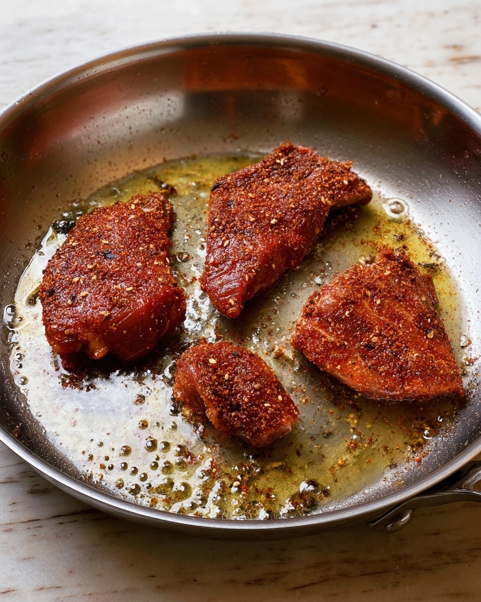 Inside a silver frying pan on a white marbled surface, there are three pieces of meat with a dry reddish-brown spice coating frying in oil. The meat pieces have a rough textured outer layer with some black charred spots and small white bits of seasoning. The oil around the meat is clear with tiny bubbles and a few burnt specks. The pan is round and shiny, showing reflections of the meat and oil. Photo taken with an iphone --ar 4:5 --v 7