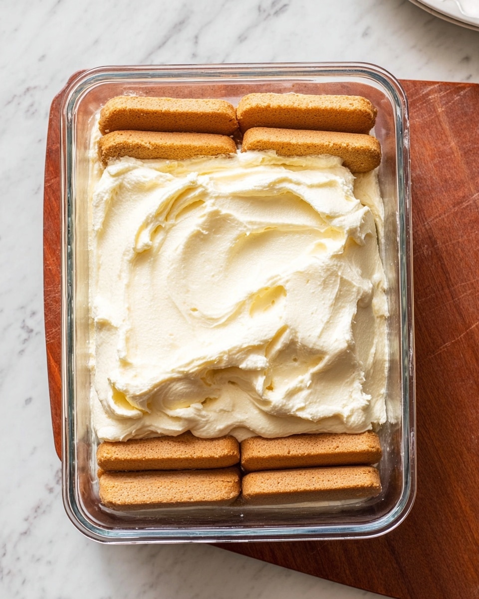 The image shows a glass baking pan with two visible layers, placed on a white marbled surface with part of a wooden board underneath. The bottom layer is neatly lined with light brown ladyfinger biscuits arranged horizontally and filling the entire pan. Above the biscuits is a thick, uneven layer of creamy, pale yellow mixture with a smooth texture and soft peaks, spread mainly in the center, leaving the edges of the biscuits exposed. Photo taken with an iphone --ar 4:5 --v 7