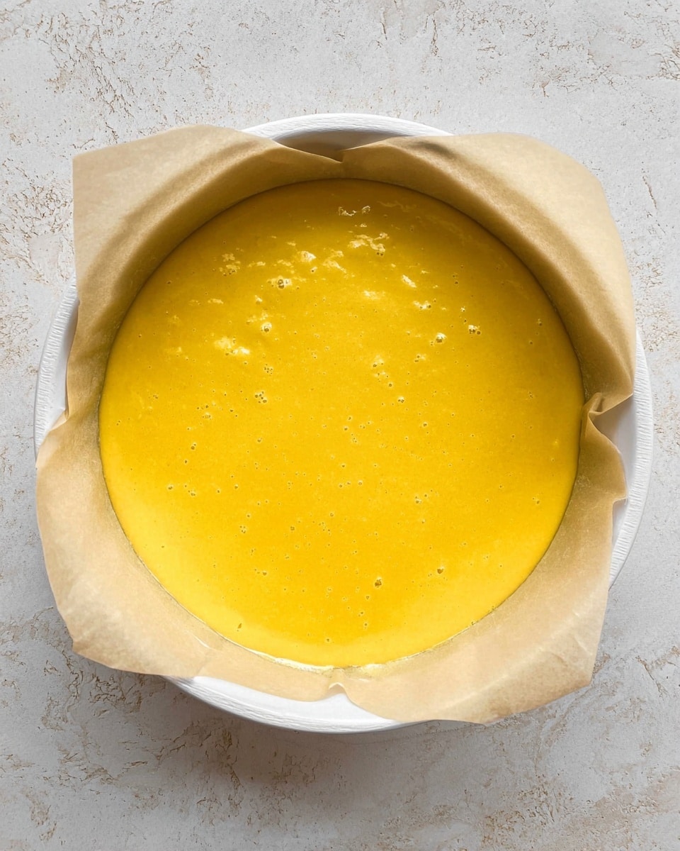 A round white pan lined with light beige parchment paper holds a smooth, bright yellow mixture with a shiny texture, filling the pan almost to the top and slightly domed in the center with small bubbles and tiny visible chunks. The pan rests on a white marbled textured surface, and the edges of the parchment paper are neatly folded above the pan's rim. photo taken with an iphone --ar 4:5 --v 7