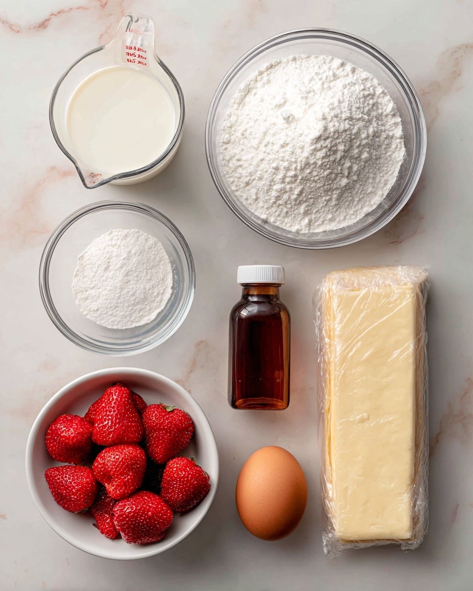 A flat white marbled surface shows six ingredients arranged neatly: a clear glass bowl filled with white powdered sugar at the top center, a transparent measuring cup with white milk on the top left, a small transparent bowl containing white cornstarch sits below the milk, a brown glass bottle of vanilla extract next to the cornstarch, a white bowl filled with red frozen strawberries to the right of the vanilla extract, a single brown egg resting near the powdered sugar, and a rectangular sheet of puff pastry dough wrapped in plastic on the far right side, all clearly labeled with black text in white boxes. Photo taken with an iphone --ar 4:5 --v 7
