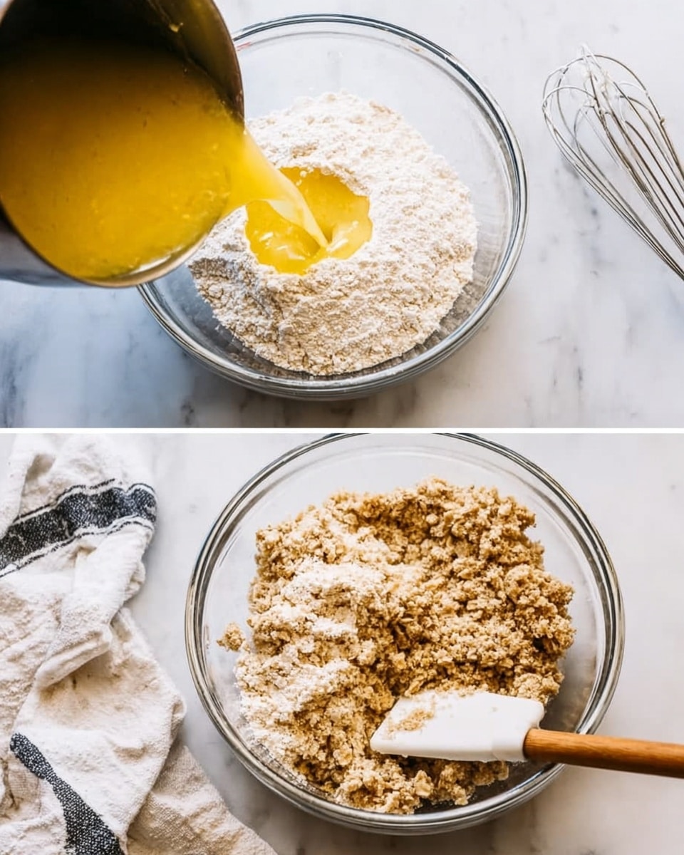 The image shows two clear glass bowls on a white marbled surface. In the left bowl, a thick yellow liquid is being poured from a small metal pot into a mixture of white powdery flour in the bowl. The right bowl contains a crumbly light brown oat mixture being stirred with a white spatula with a wooden handle resting inside. There is a whisk beside the right bowl and a white and black striped cloth partially visible in the bottom left of both sides. Photo taken with an iphone --ar 4:5 --v 7