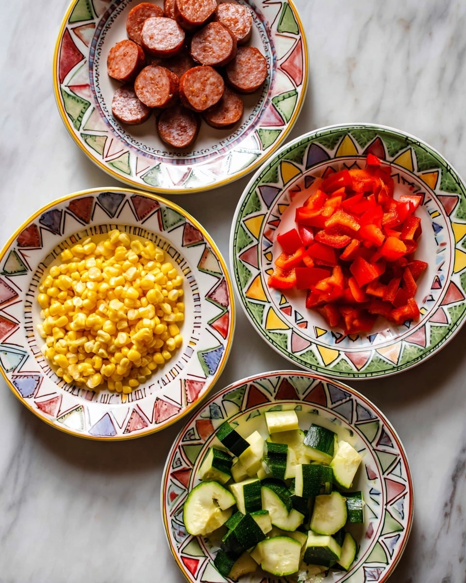 Four white plates with colorful geometric borders are placed on a white marbled surface. The top plate holds slices of reddish-brown sausage arranged in a small pile. The plate on the left contains bright yellow corn kernels, spread evenly. The plate on the right is filled with small cubes of red bell pepper, neatly piled. The bottom plate has green zucchini pieces cut into small wedges, arranged loosely. The photo taken with an iphone --ar 4:5 --v 7