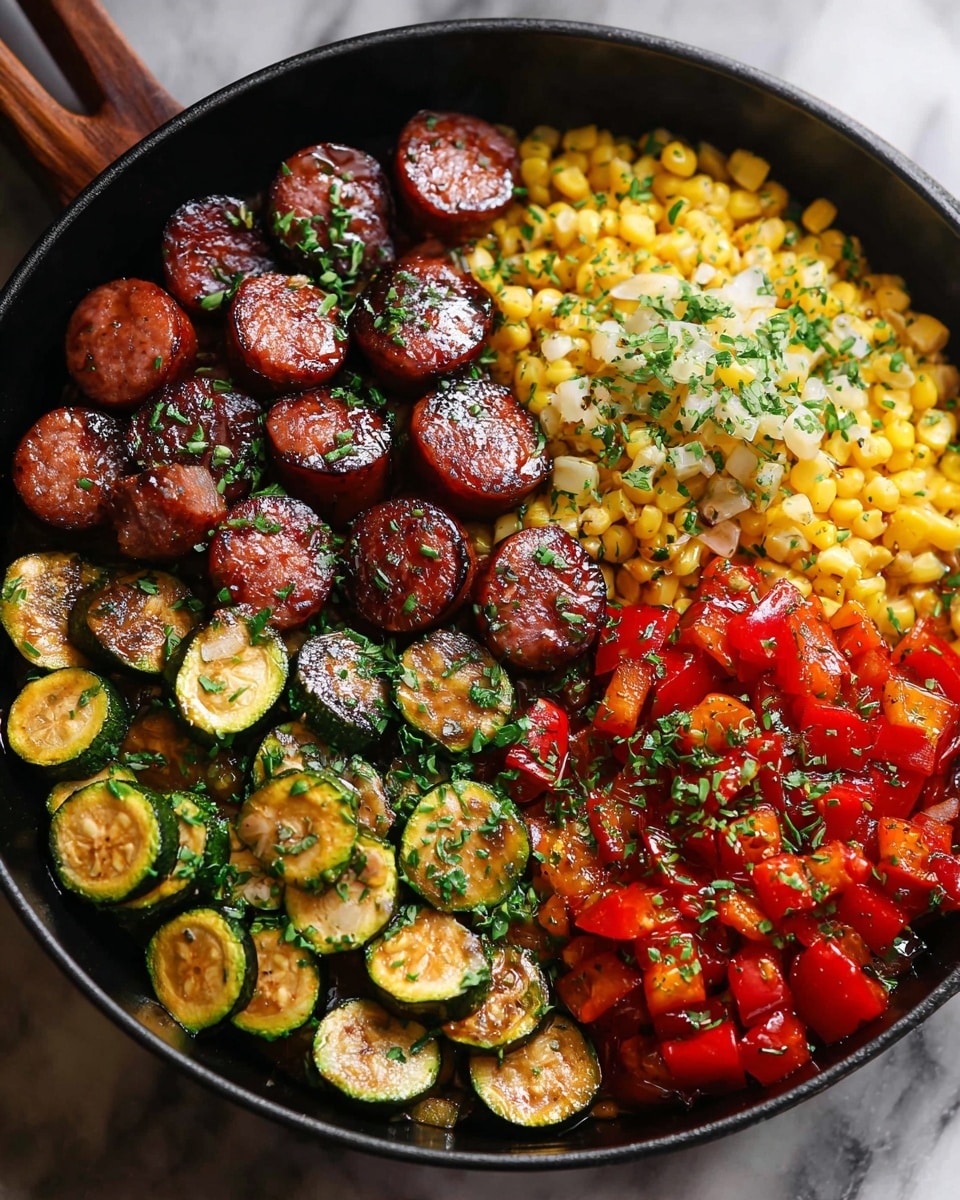 The dish is shown in a black round pan filled with four distinct sections of food. The top left section has shiny dark brown sausage slices with a moist texture and sprinkled with fresh green herbs. To the right of the sausage, there is a yellow corn layer, with some white corn pieces mixed in, also topped with green herbs. Below the corn, there is a bright red chopped bell pepper section, also sprinkled with green herbs. The bottom left section shows nicely browned, tender zucchini slices with a mix of green skin and soft yellow inside, also lightly garnished with green herbs. The pan rests on a white marbled surface. Photo taken with an iphone --ar 4:5 --v 7