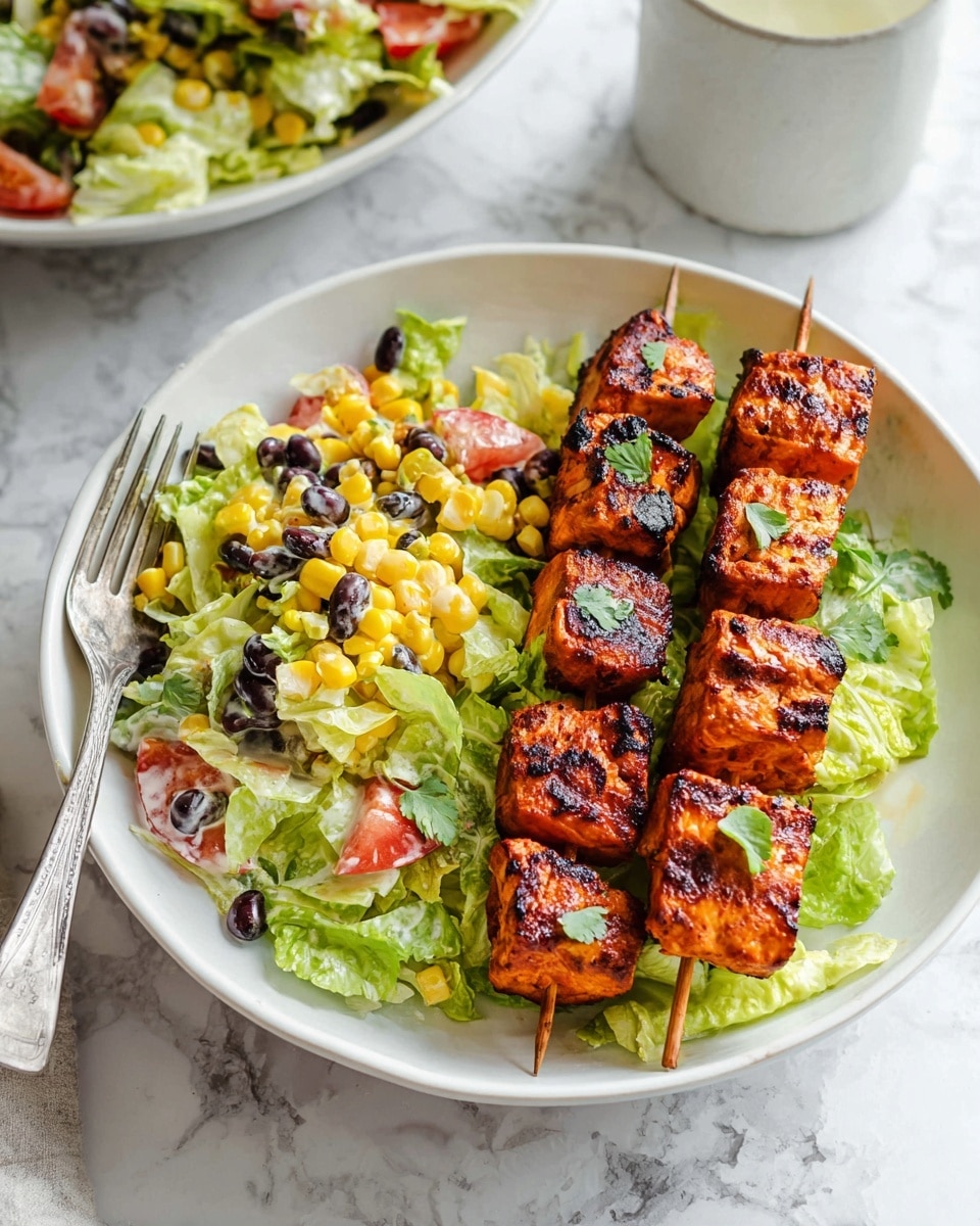 A white bowl shows two grilled kebabs on the right side, each with four shiny, charred orange-brown cubes stacked on a stick, topped with small green leaves. On the left side, there is a colorful salad with light green lettuce pieces, bright yellow grilled corn chunks, dark black beans, red tomato slices, and small green herb leaves, all mixed with a creamy white dressing. A fork rests on the left edge of the bowl, and the background has a white marbled texture with another salad bowl and a white mug partially visible. photo taken with an iphone --ar 4:5 --v 7