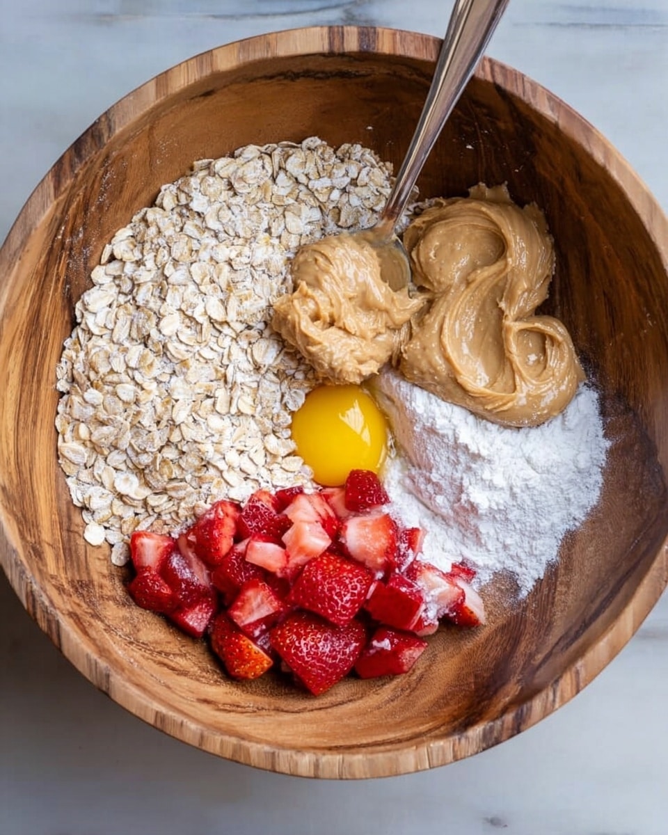 A wooden bowl holds several separate ingredients arranged in layers before mixing. The top left layer features light beige rolled oats with a rough texture, next to it on the right is smooth, creamy peanut butter in two large dollops with a silver spoon stuck in it. Below the oats, there is a dollop of thick, pale mashed banana. In the center, a bright yellow raw egg yolk sits surrounded by white flour dusted around it. The bottom left displays bright red chopped strawberries with a juicy, fresh appearance. The bowl is set on a white marbled surface photo taken with an iphone --ar 4:5 --v 7
