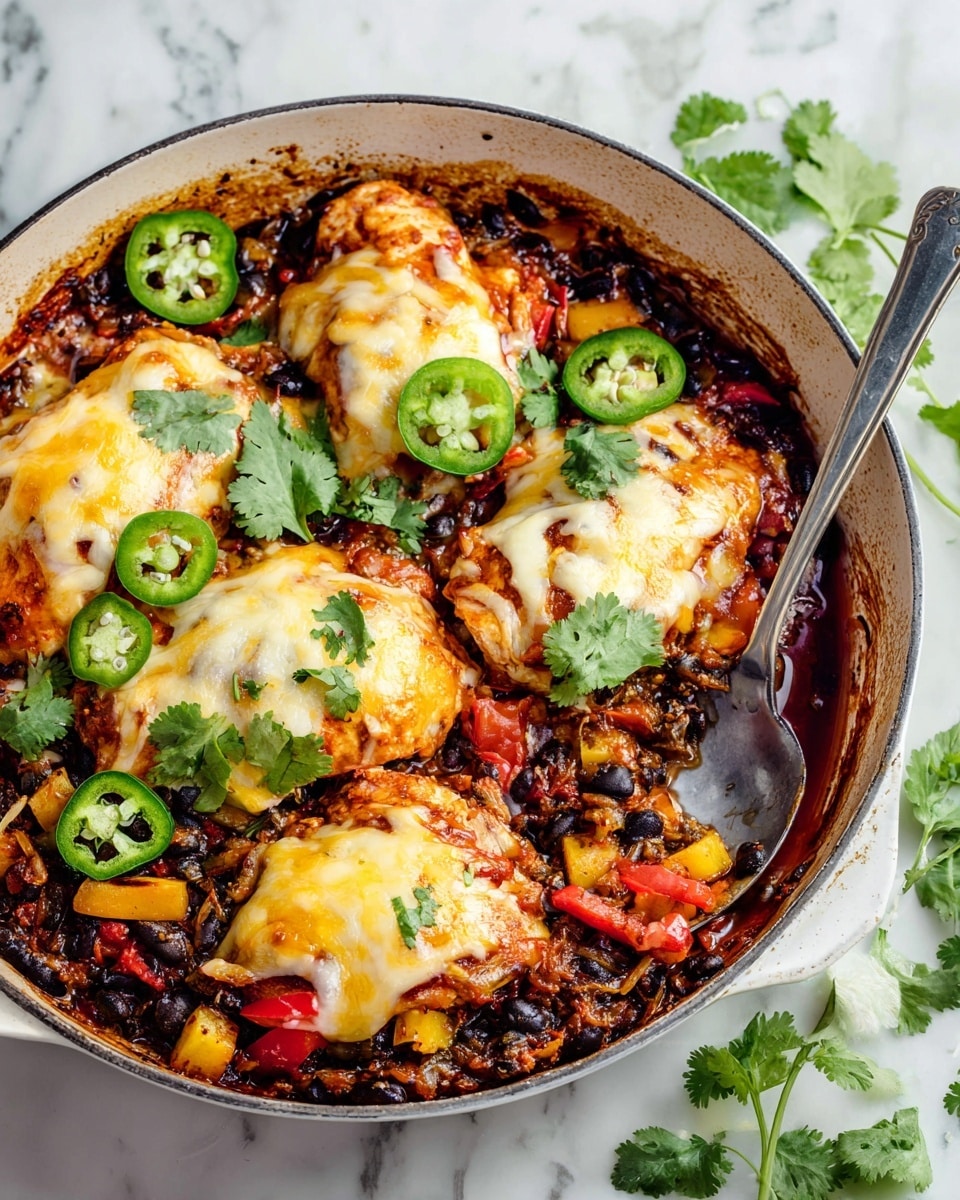 This image shows a white pan filled with a colorful cooked dish. The bottom layer is made of cooked vegetables including dark black beans, orange and yellow squash pieces, and red bell pepper slices, all mixed in a rich, dark red sauce. On top of this vegetable base, there are several pieces of light brown cooked chicken covered with melted light yellow cheese that looks soft and slightly browned. The dish is garnished with fresh green cilantro leaves and thin slices of green jalapeño pepper placed on top. A silver spoon rests inside the pan on the right side. The pan is placed on a white marbled surface, with some scattered cilantro leaves around it. Photo taken with an iphone --ar 4:5 --v 7