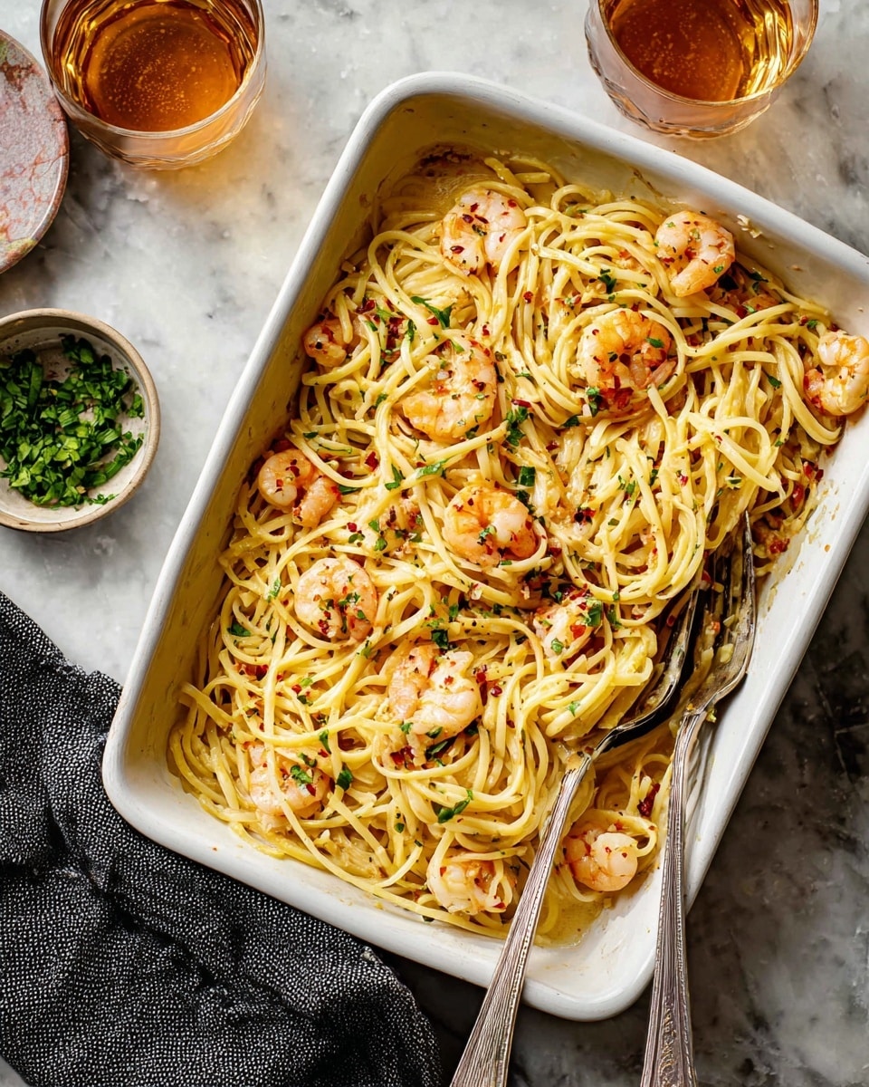 A white rectangular dish holds a mix of long, thin pasta strands twisted with pinkish-orange shrimp scattered through all layers, coated in a light sauce with specks of red and black pepper and small green herb leaves sprinkled on top. Two silver forks are partially twirled into the pasta on the right side of the dish. The dish sits on a white marbled surface with a dark gray cloth underneath the handle. Nearby are two glasses with amber liquid and a small bowl with more chopped green herbs. photo taken with an iphone --ar 4:5 --v 7